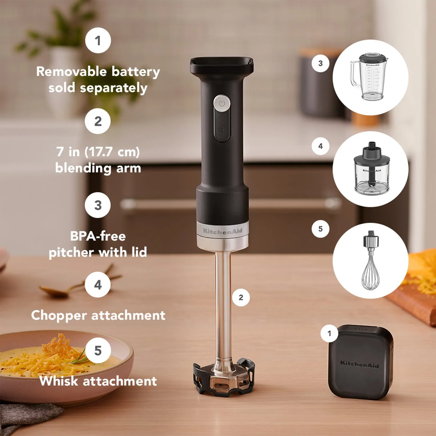 KitchenAid Cordless 12V Hand Blender in Black Matte with Battery, USB-C Cable, & Wall Adapter (KHBRV75BM) - Image 5