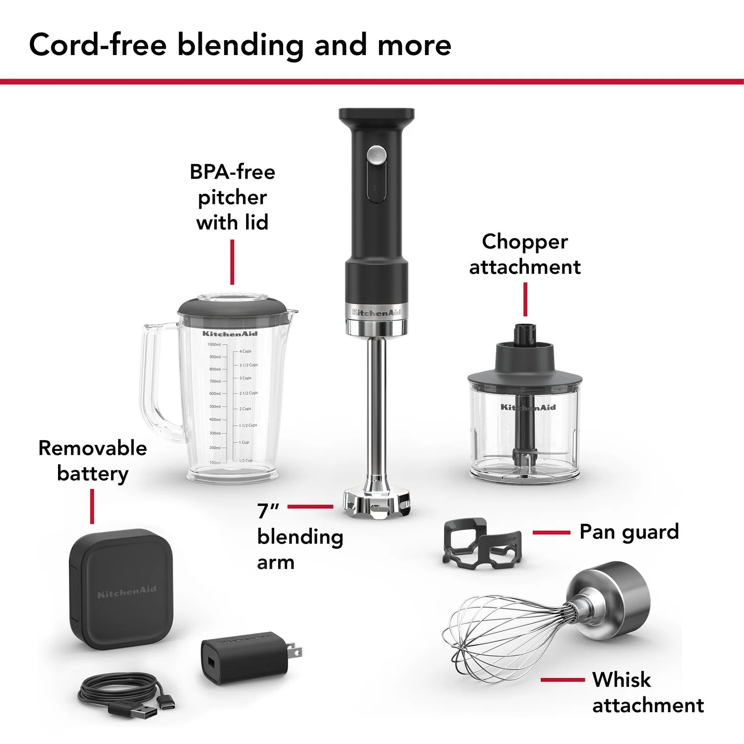 KitchenAid Cordless 12V Hand Blender in Black Matte with Battery, USB-C Cable, & Wall Adapter (KHBRV75BM) - Image 7
