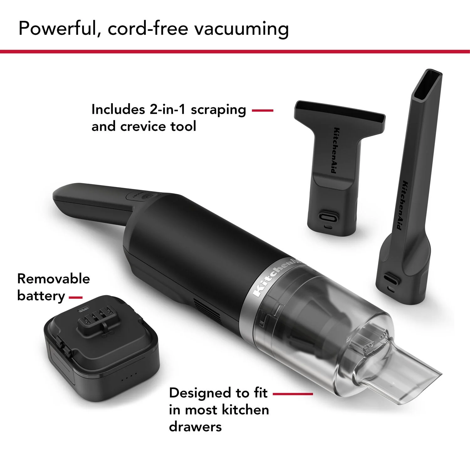KitchenAid Cordless 12V Kitchen Vacuum in Black Matte with Battery, USB-C Cable, & Wall Adapter (KKVR121BM) - Image 6