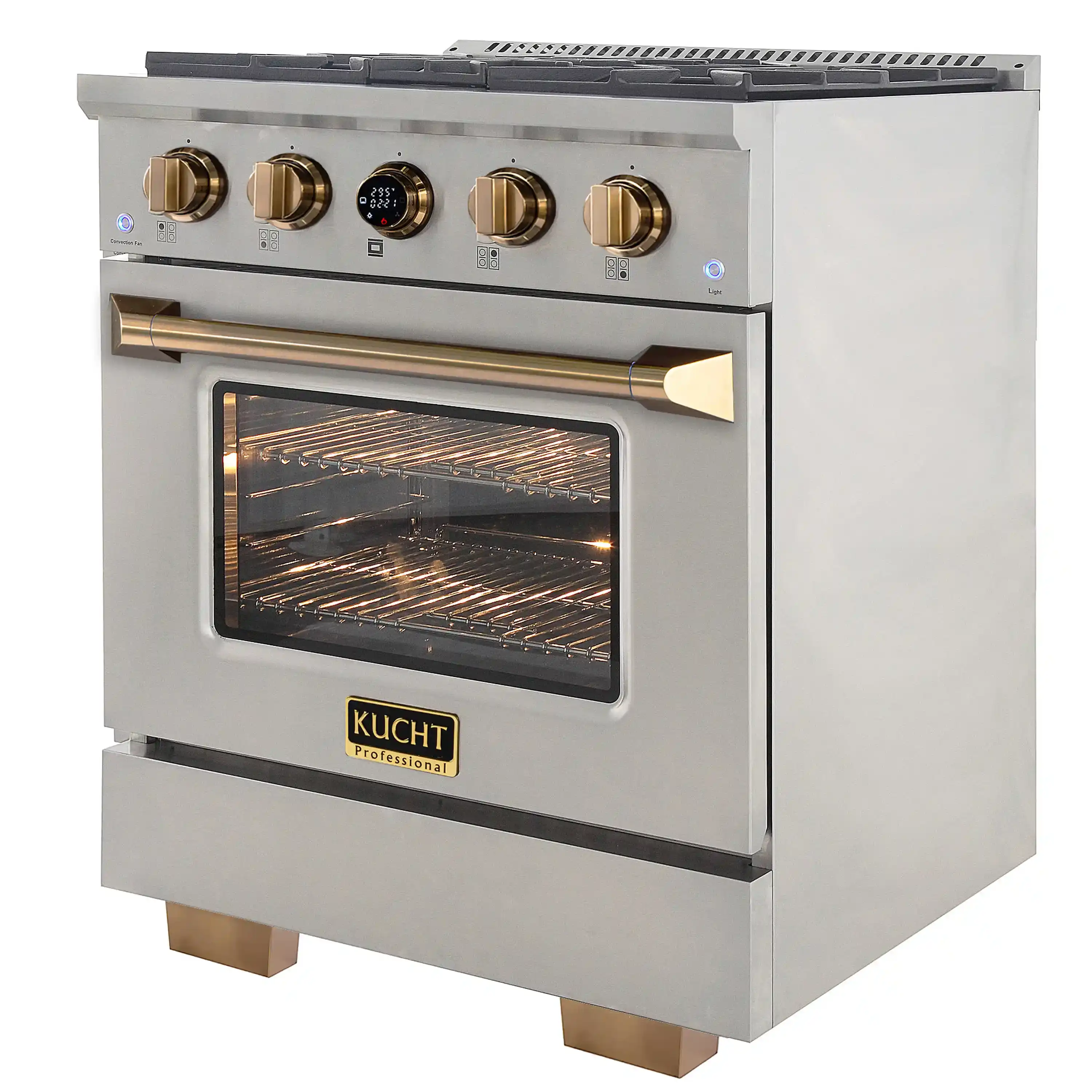 Kucht Horus 30-Inch Dual Fuel Range in Propane Gas with  4.2 cu. ft. Electric Oven & 4 Gas Burners in Stainless Steel with Gold Accents & Digital Thermostat (KXP30-GL/LP) - Image 3