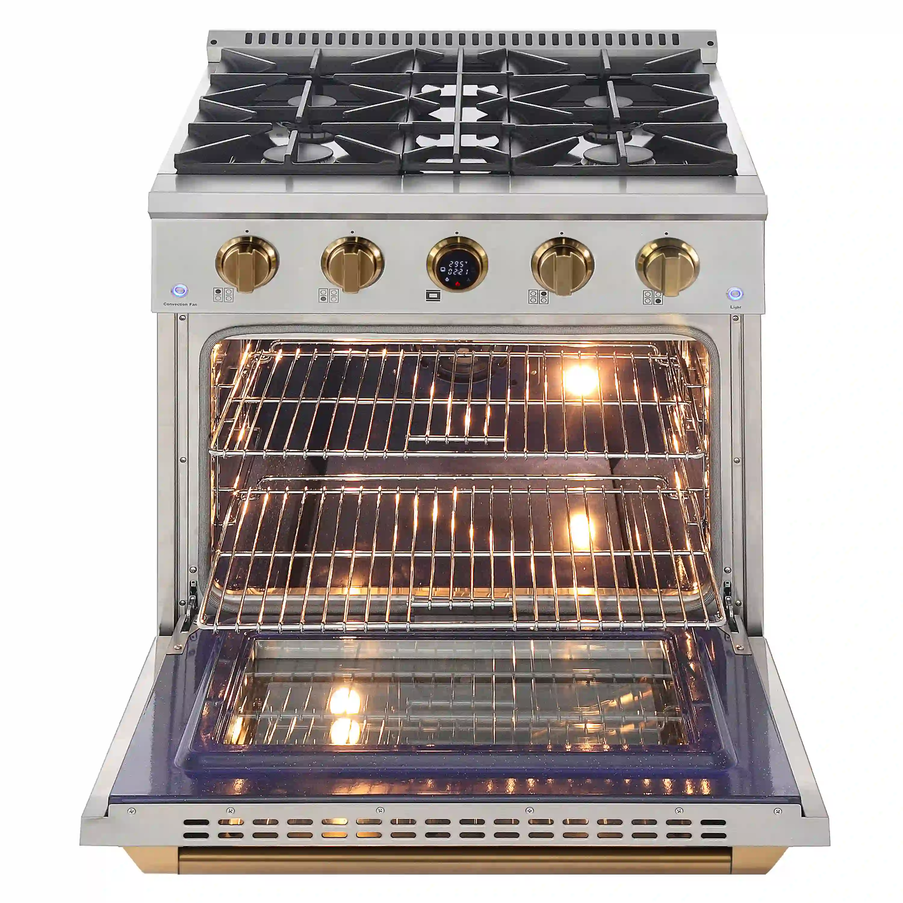 Kucht Horus 30-Inch Dual Fuel Range in Propane Gas with  4.2 cu. ft. Electric Oven & 4 Gas Burners in Stainless Steel with Gold Accents & Digital Thermostat (KXP30-GL/LP) - Image 4