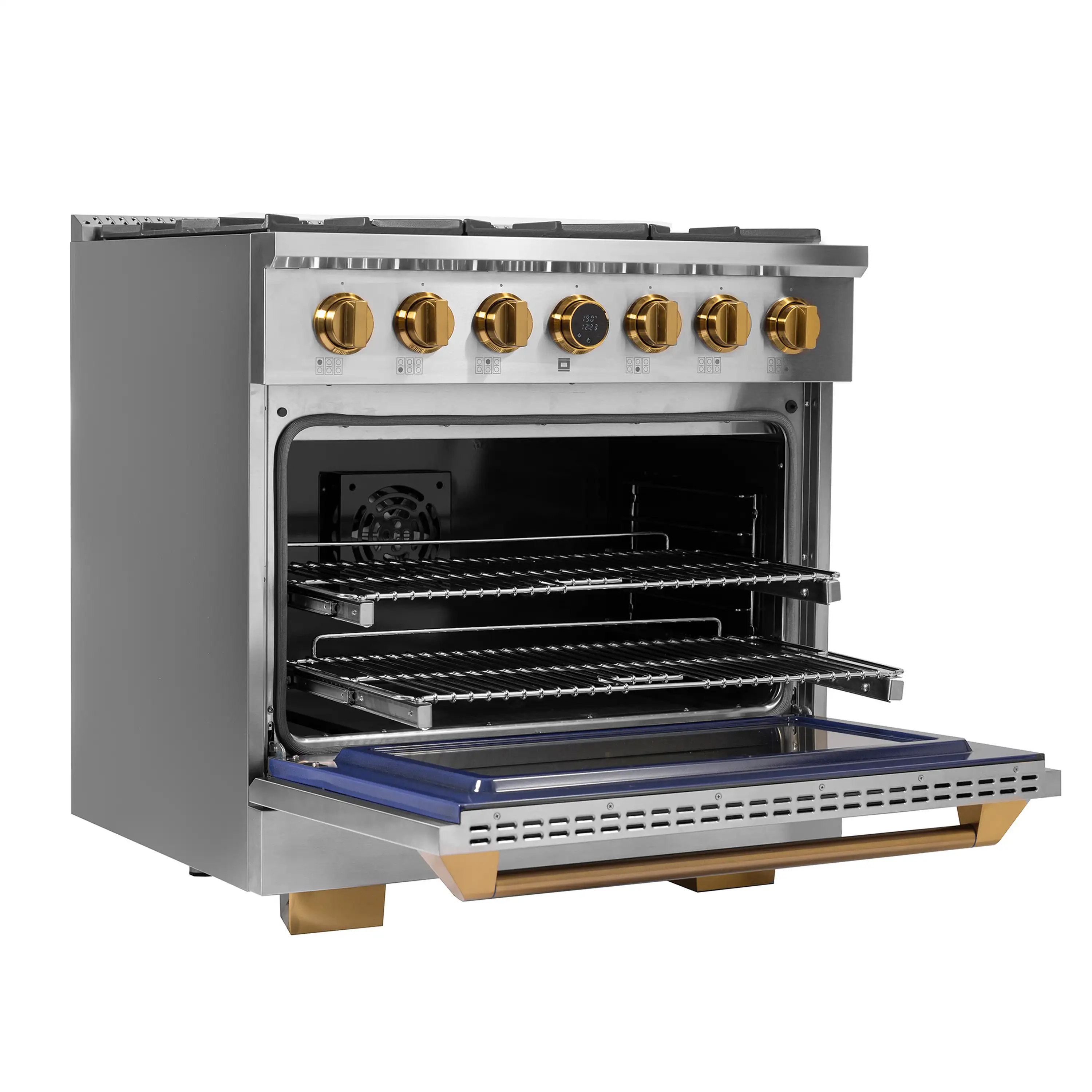 Kucht Horus 36-Inch Dual Fuel Range in Propane Gas with  5.2 cu. ft. Electric Oven & 6 Gas Burners in Stainless Steel with Gold Accents & Digital Thermostat (KXP36-GL/LP) - Image 3