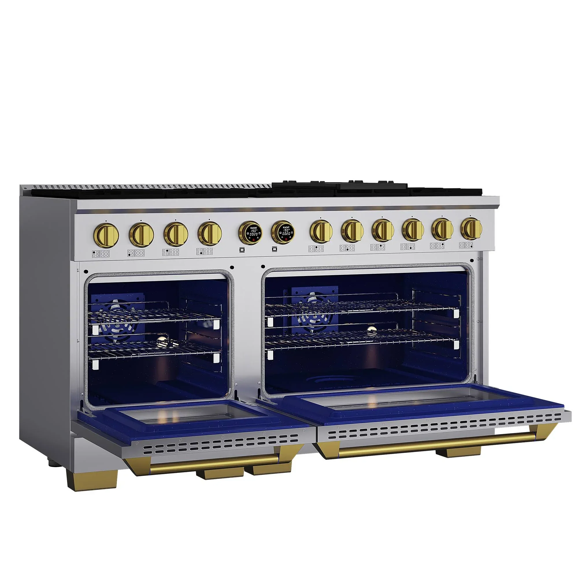 Kucht Horus 60-Inch Dual Fuel Range in Propane Gas with  8.4 cu. ft. Electric Oven & 8 Gas Burners in Stainless Steel with Gold Accents & Digital Thermostat (KXP60-GL/LP) - Image 3