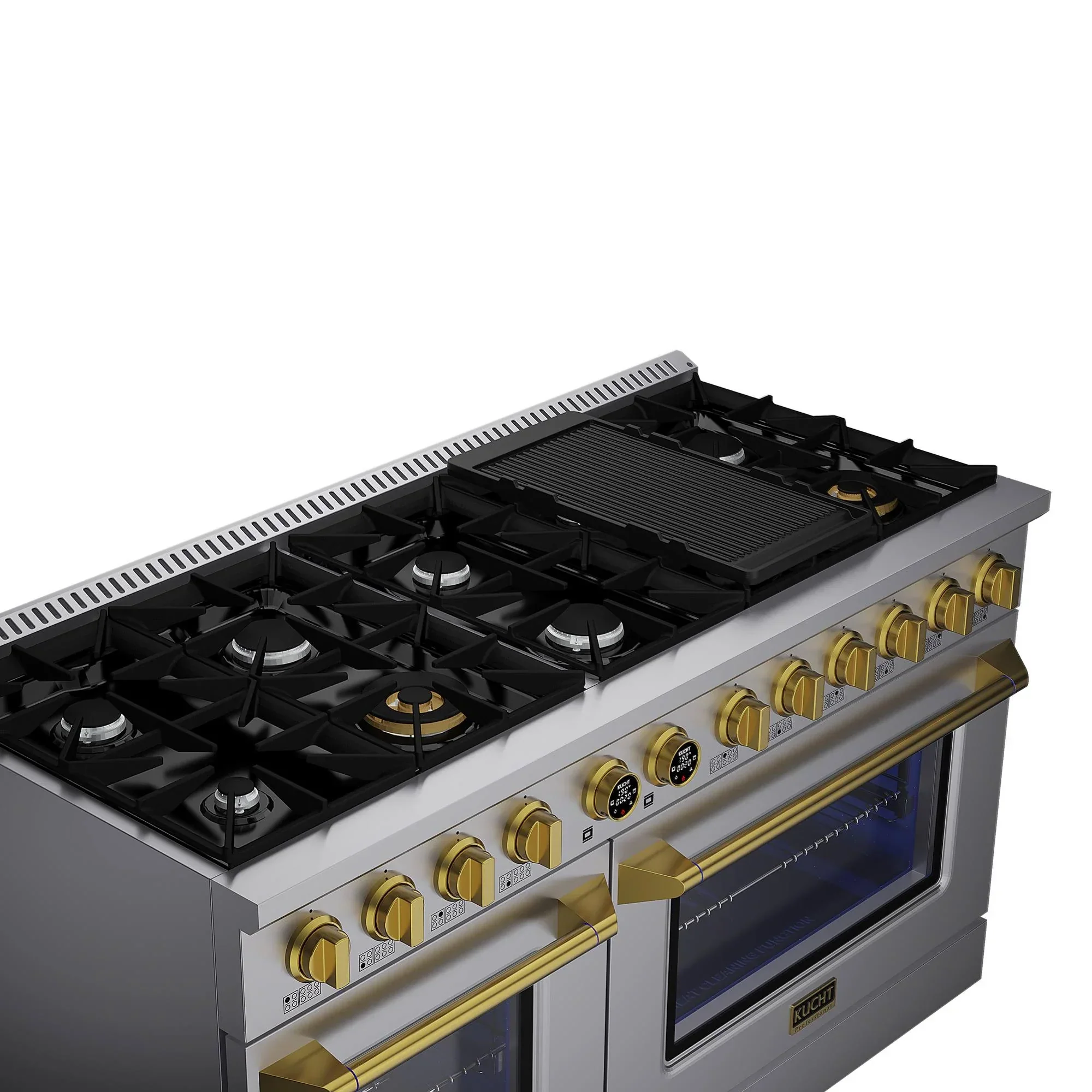 Kucht Horus 60-Inch Dual Fuel Range in Propane Gas with  8.4 cu. ft. Electric Oven & 8 Gas Burners in Stainless Steel with Gold Accents & Digital Thermostat (KXP60-GL/LP) - Image 4