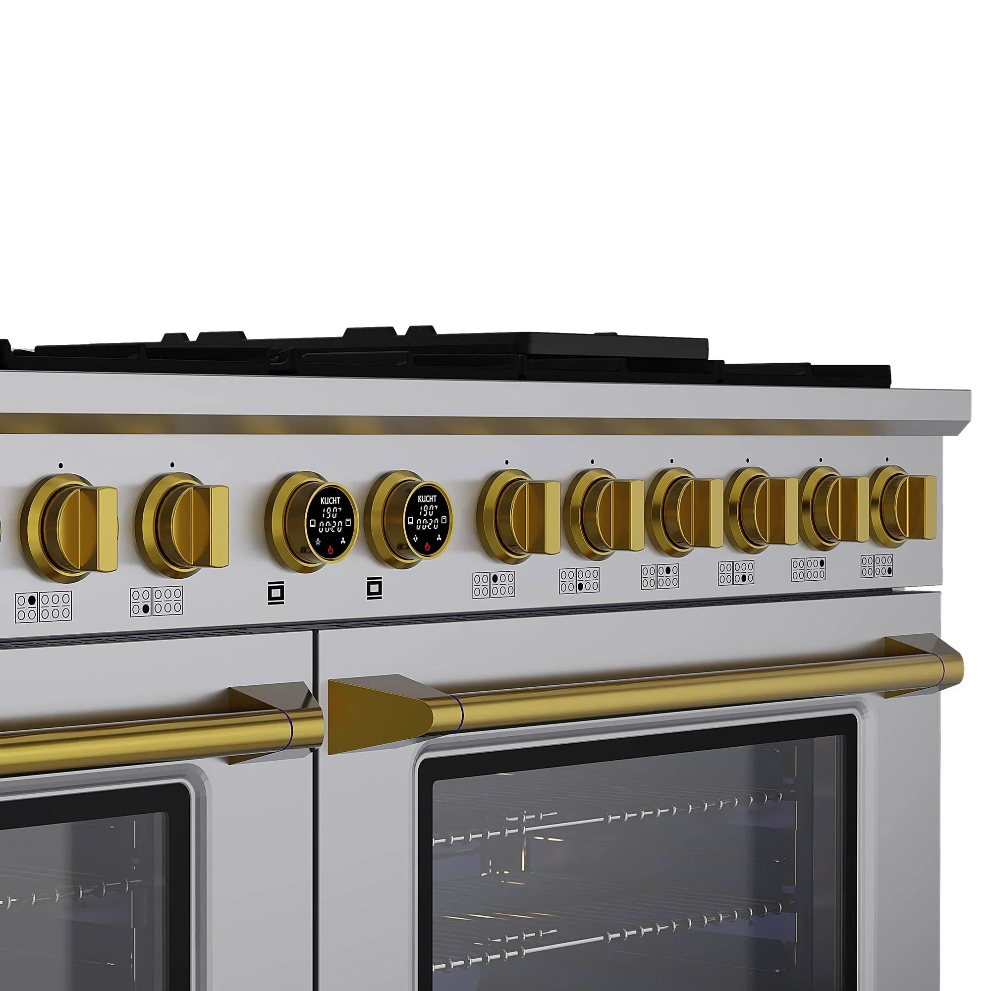 Kucht Horus 60-Inch Dual Fuel Range in Propane Gas with  8.4 cu. ft. Electric Oven & 8 Gas Burners in Stainless Steel with Gold Accents & Digital Thermostat (KXP60-GL/LP) - Image 5