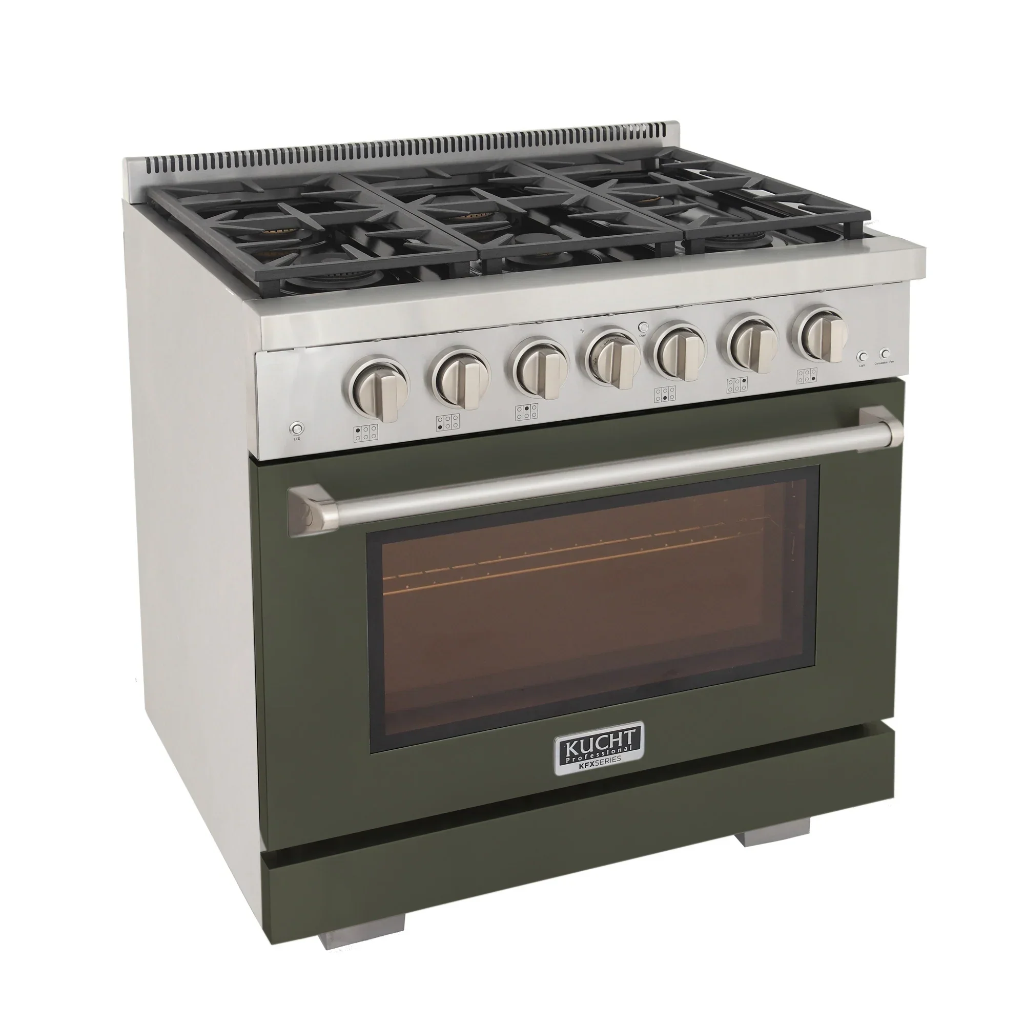 Kucht Professional 36-Inch 5.2 cu. ft. Propane Gas Range in Olive Green with Silver Accents (KFX360/LP-G) - Image 2