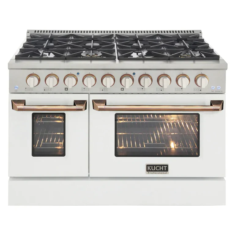 Kucht Signature 48-Inch Propane Gas Range with Convection Oven in White with White Knobs & Gold H&le (KNG481/LP-W-GOLD) - Image 3