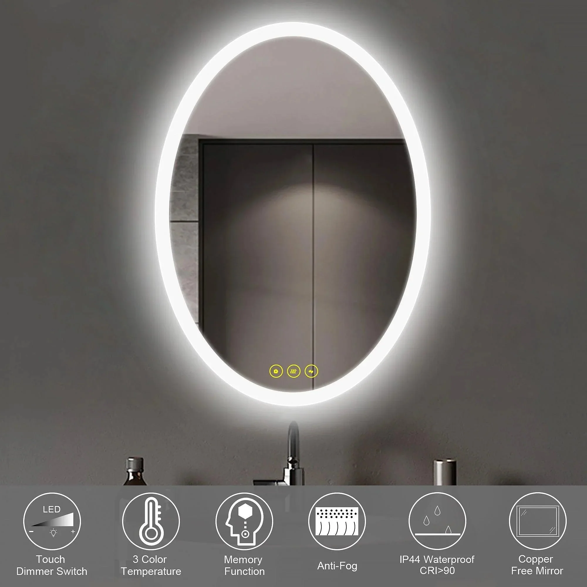 Parrot Uncle Lumina Mirror in Oval Frameless with LED Anti-Fog Dimmable Bathroom Vanity Mirror - Image 3