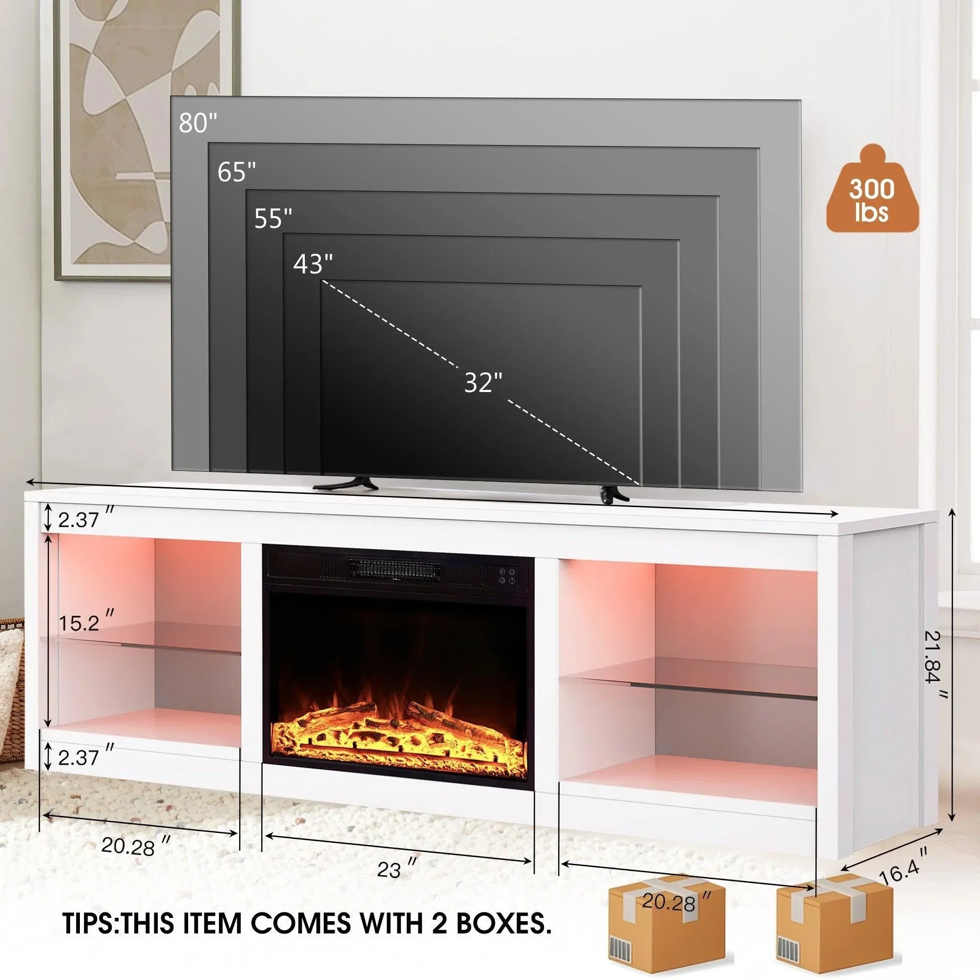 Parrot Uncle Modern 66-Inch LED TV Stand with 23-Inch Insert Electric Fireplace for Living Room - Image 11