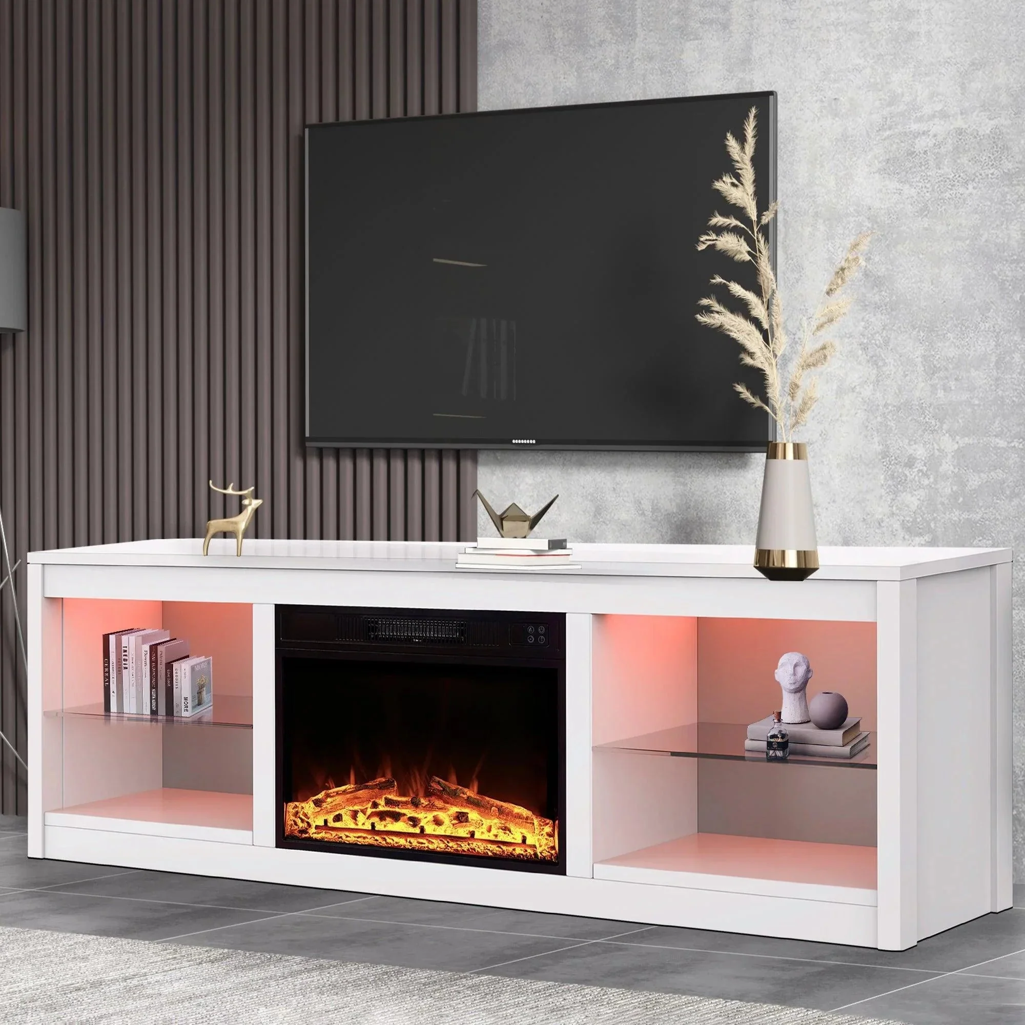 Parrot Uncle Modern 66-Inch LED TV Stand with 23-Inch Insert Electric Fireplace for Living Room - Image 12