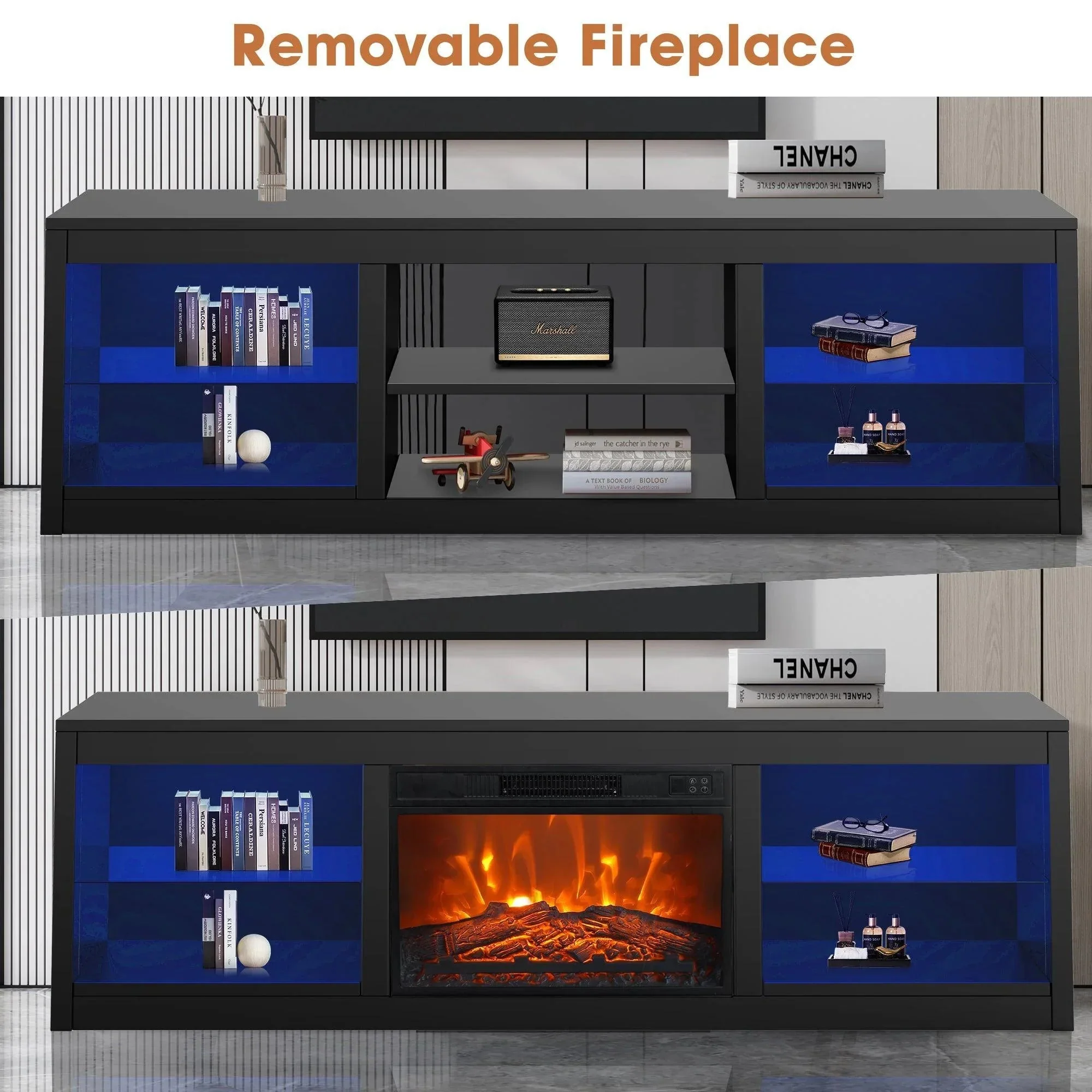 Parrot Uncle Modern 66-Inch LED TV Stand with 23-Inch Insert Electric Fireplace for Living Room - Image 22