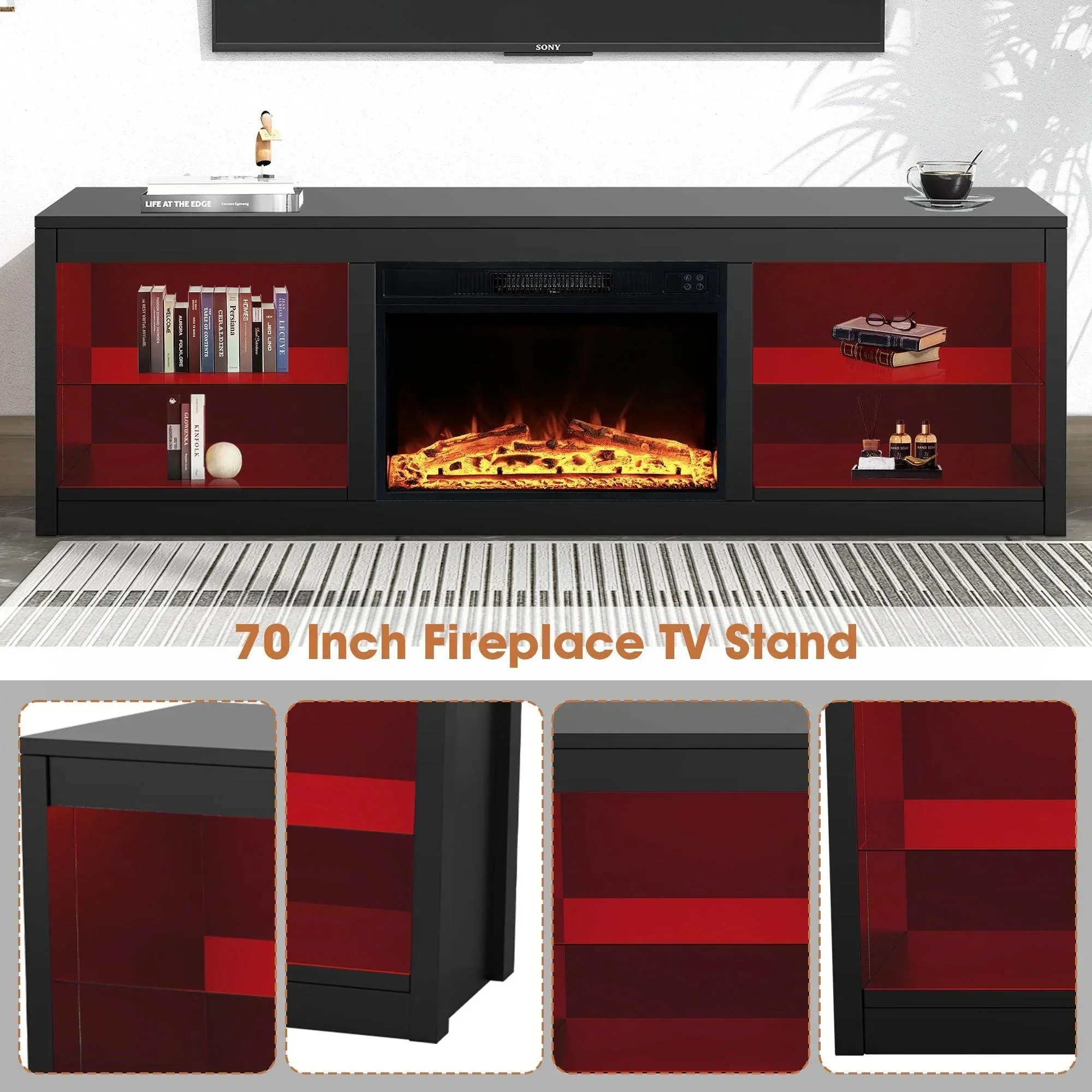 Parrot Uncle Modern 66-Inch LED TV Stand with 23-Inch Insert Electric Fireplace for Living Room - Image 24