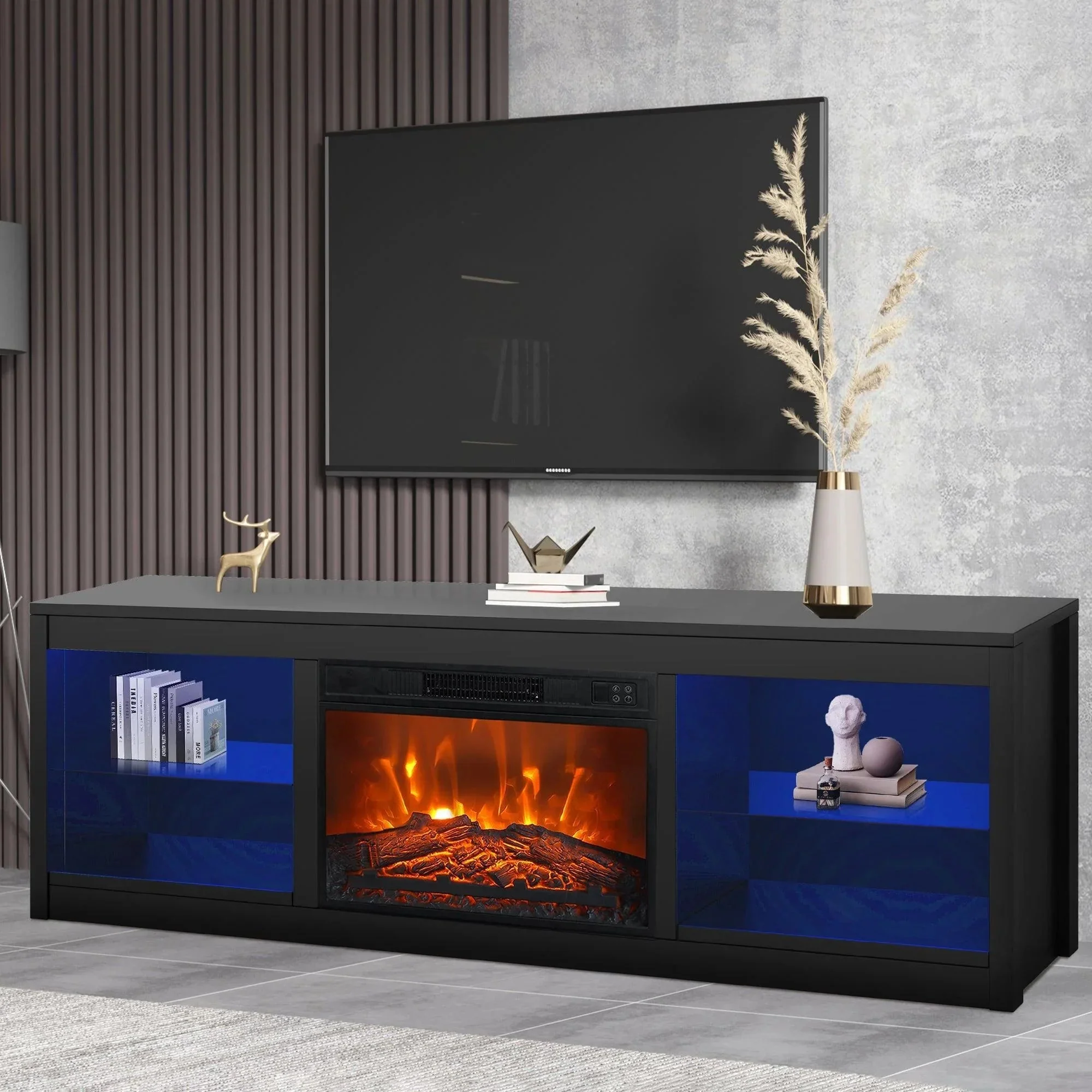 Parrot Uncle Modern 66-Inch LED TV Stand with 23-Inch Insert Electric Fireplace for Living Room - Image 27