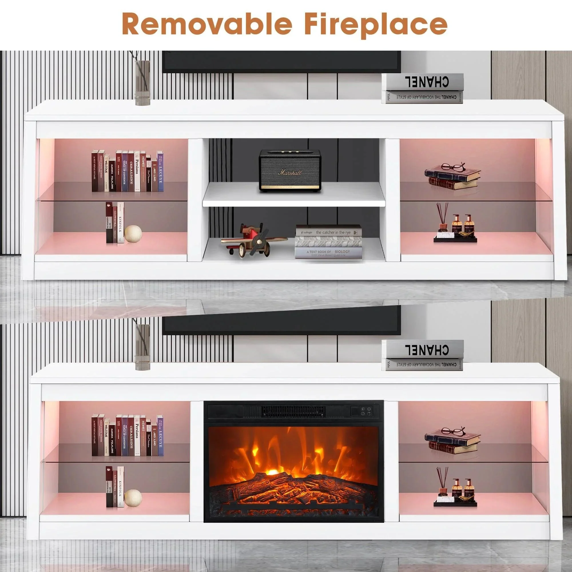 Parrot Uncle Modern 66-Inch LED TV Stand with 23-Inch Insert Electric Fireplace for Living Room - Image 3