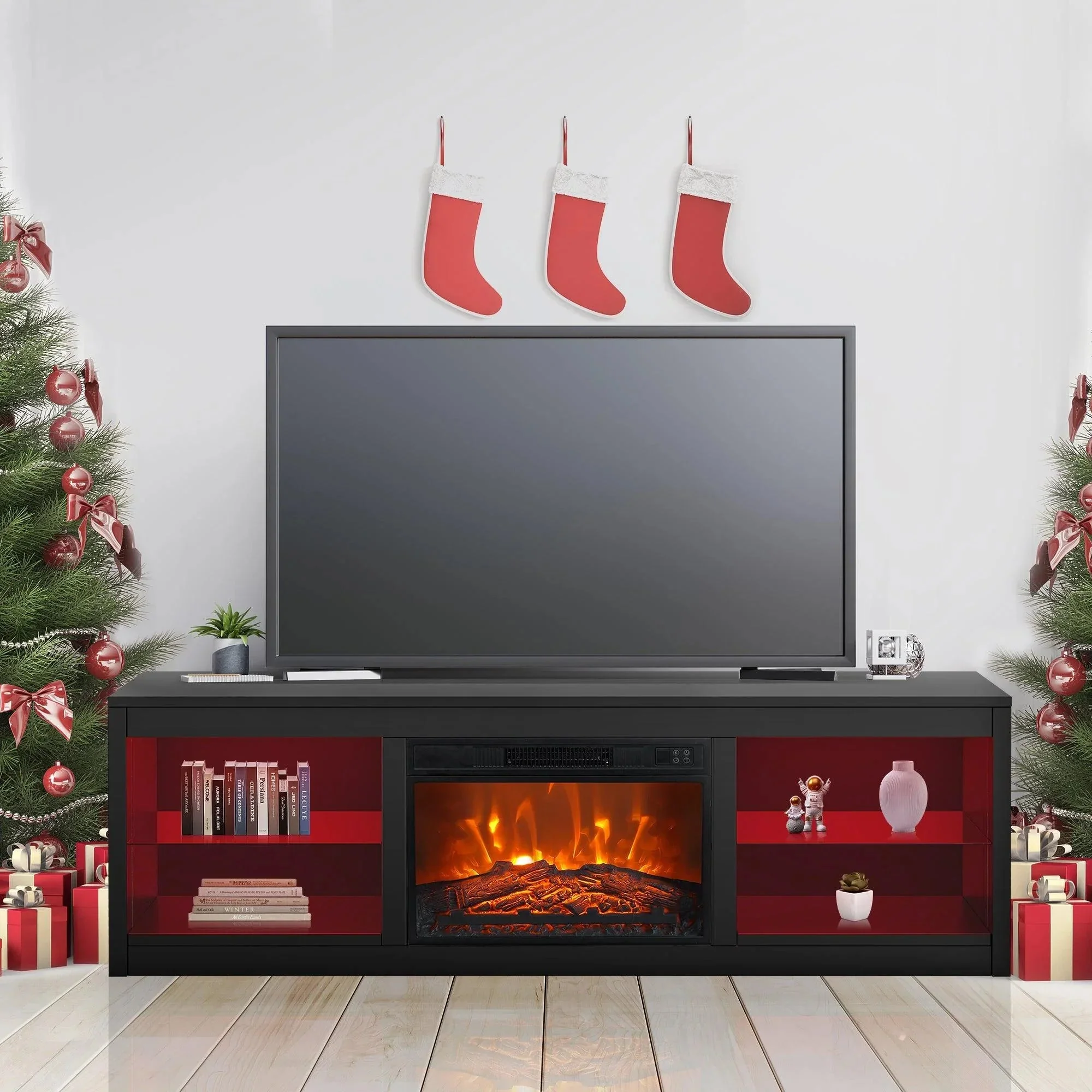 Parrot Uncle Modern 66-Inch LED TV Stand with 23-Inch Insert Electric Fireplace for Living Room - Image 4