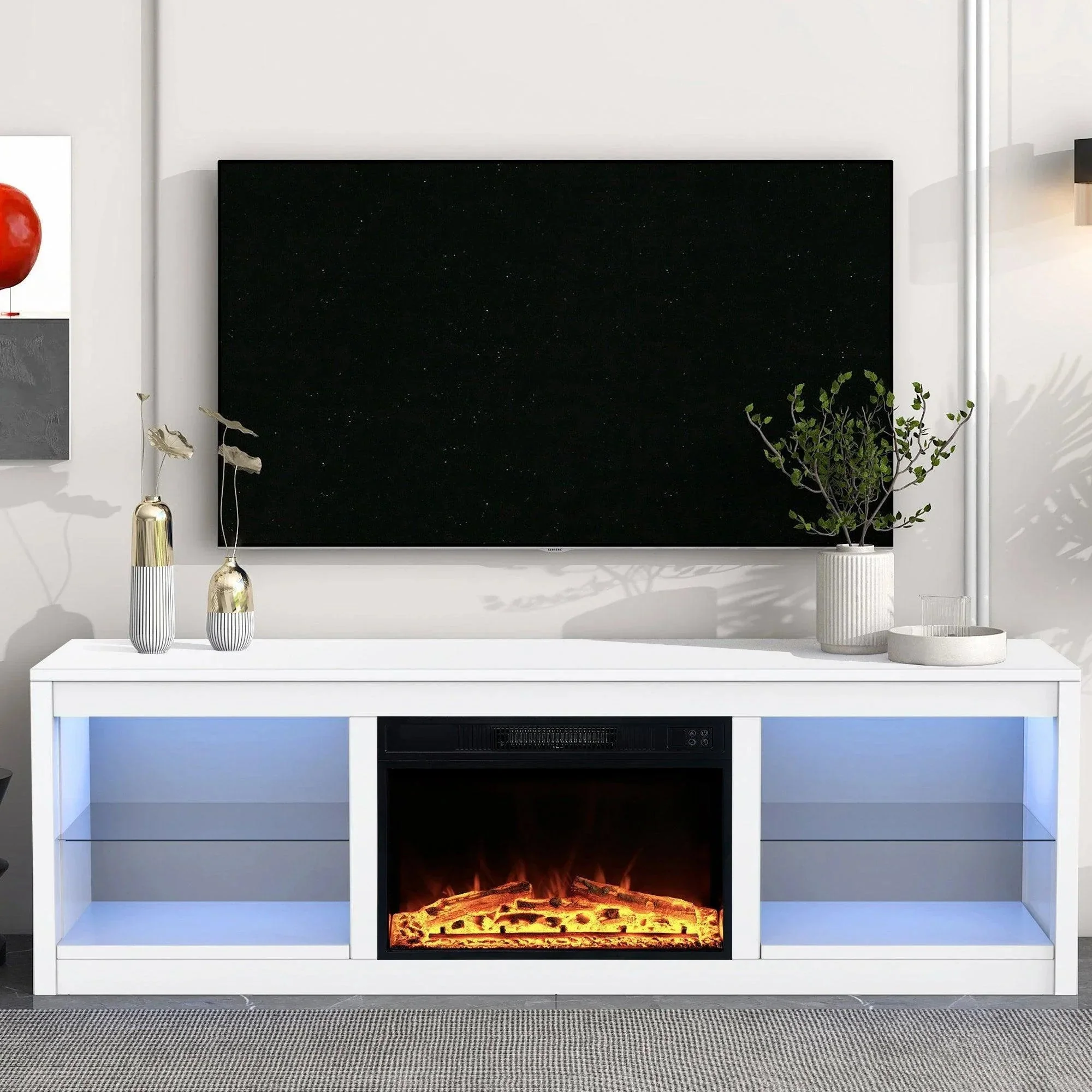 Parrot Uncle Modern 66-Inch LED TV Stand with 23-Inch Insert Electric Fireplace for Living Room - Image 5