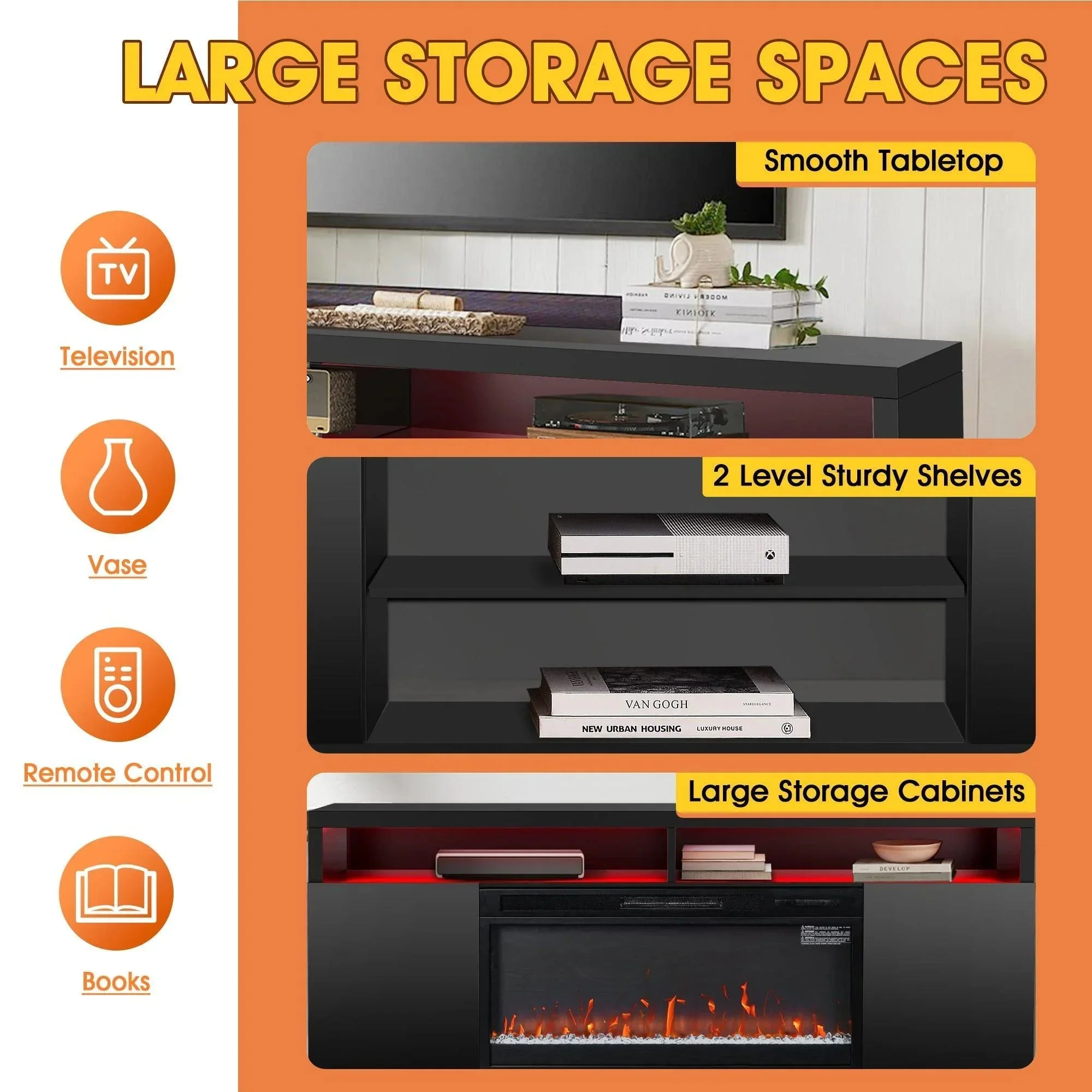 Modern 68" LED TV Stand with 36" Insert Opening Electric Fireplace for Living Room in Black or White - Image 10