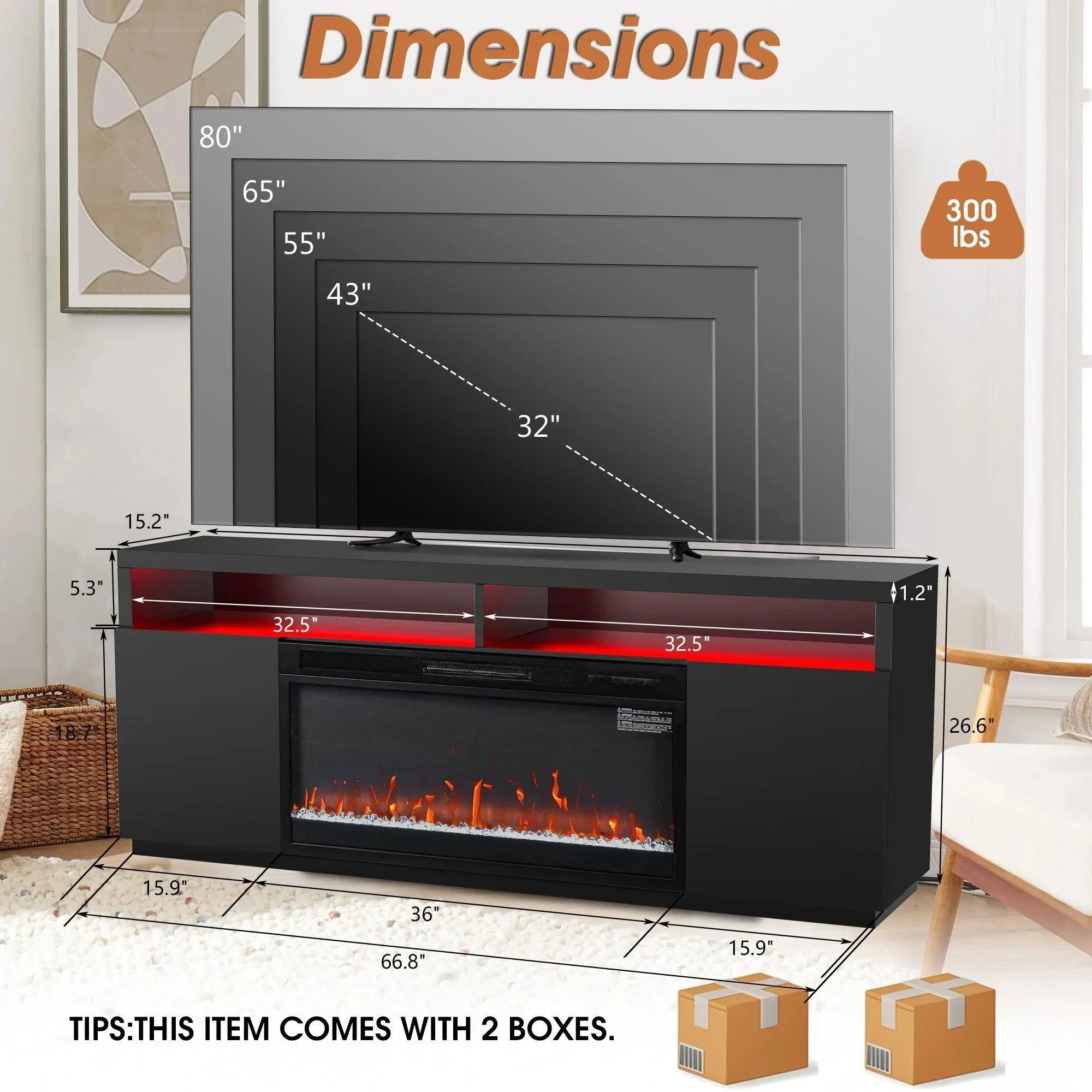 Modern 68" LED TV Stand with 36" Insert Opening Electric Fireplace for Living Room in Black or White - Image 11