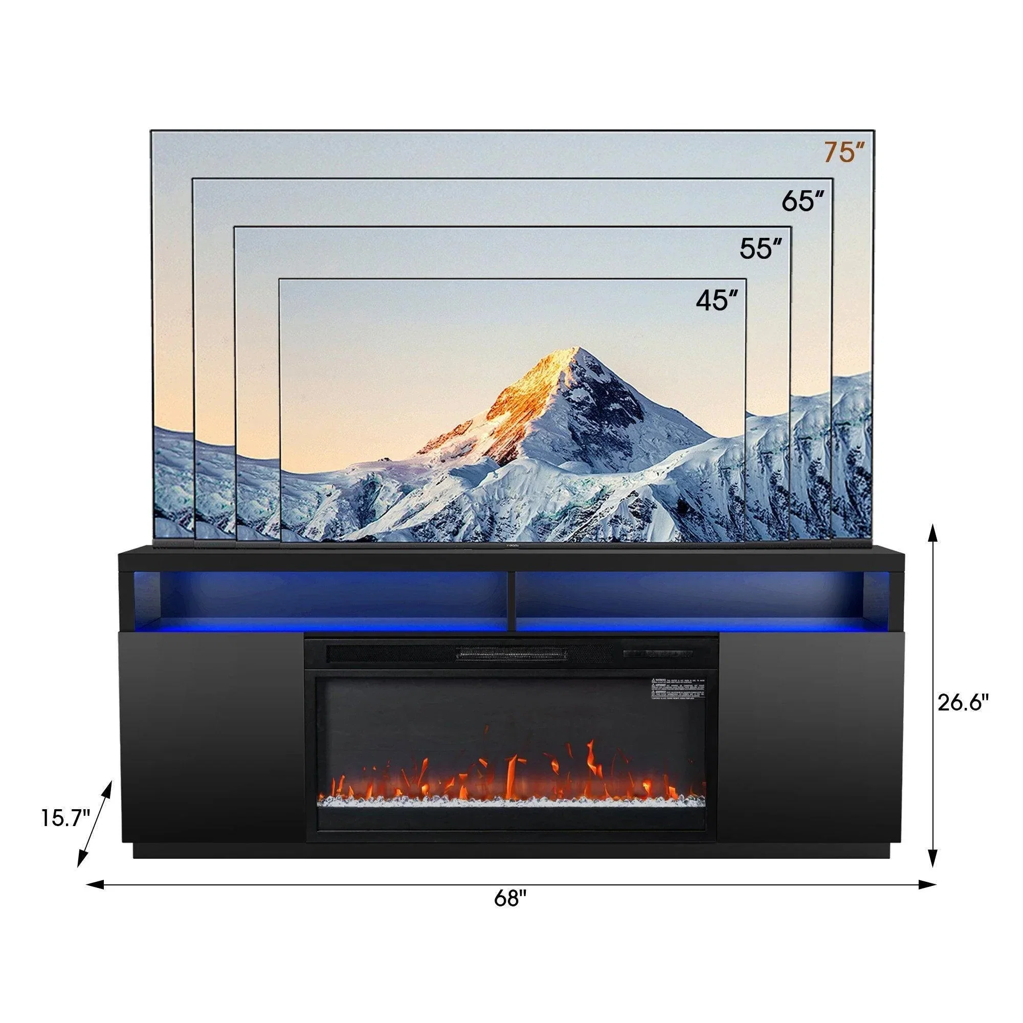 Modern 68" LED TV Stand with 36" Insert Opening Electric Fireplace for Living Room in Black or White - Image 13