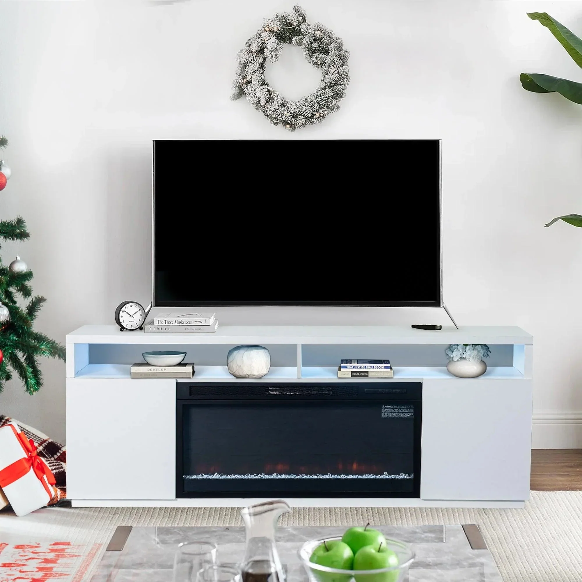 Modern 68" LED TV Stand with 36" Insert Opening Electric Fireplace for Living Room in Black or White - Image 14