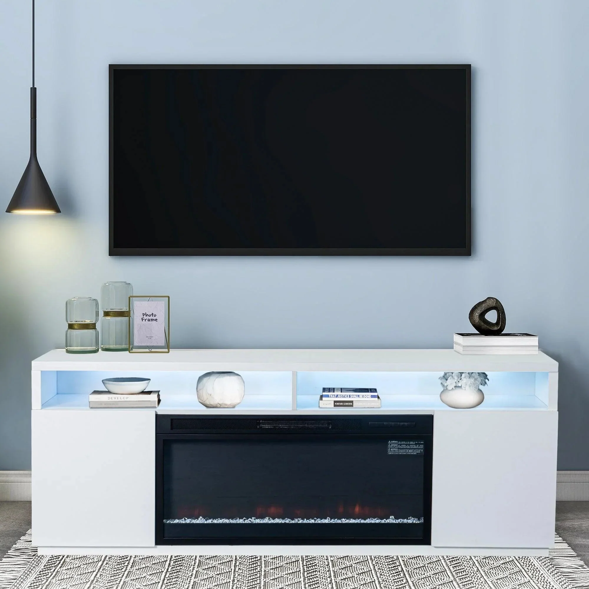 Modern 68" LED TV Stand with 36" Insert Opening Electric Fireplace for Living Room in Black or White - Image 16