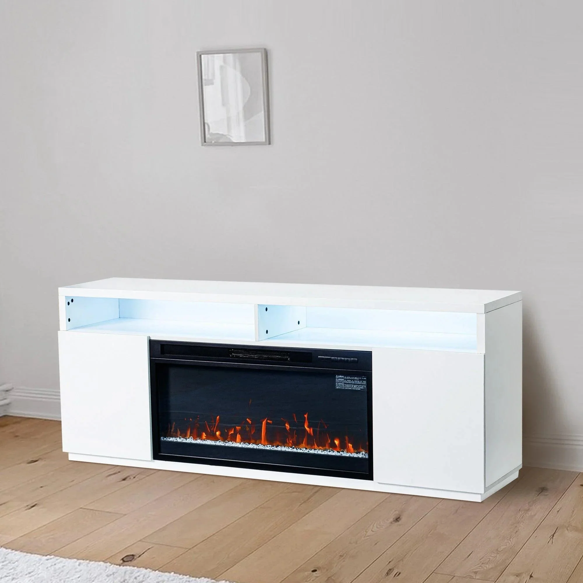 Modern 68" LED TV Stand with 36" Insert Opening Electric Fireplace for Living Room in Black or White - Image 18