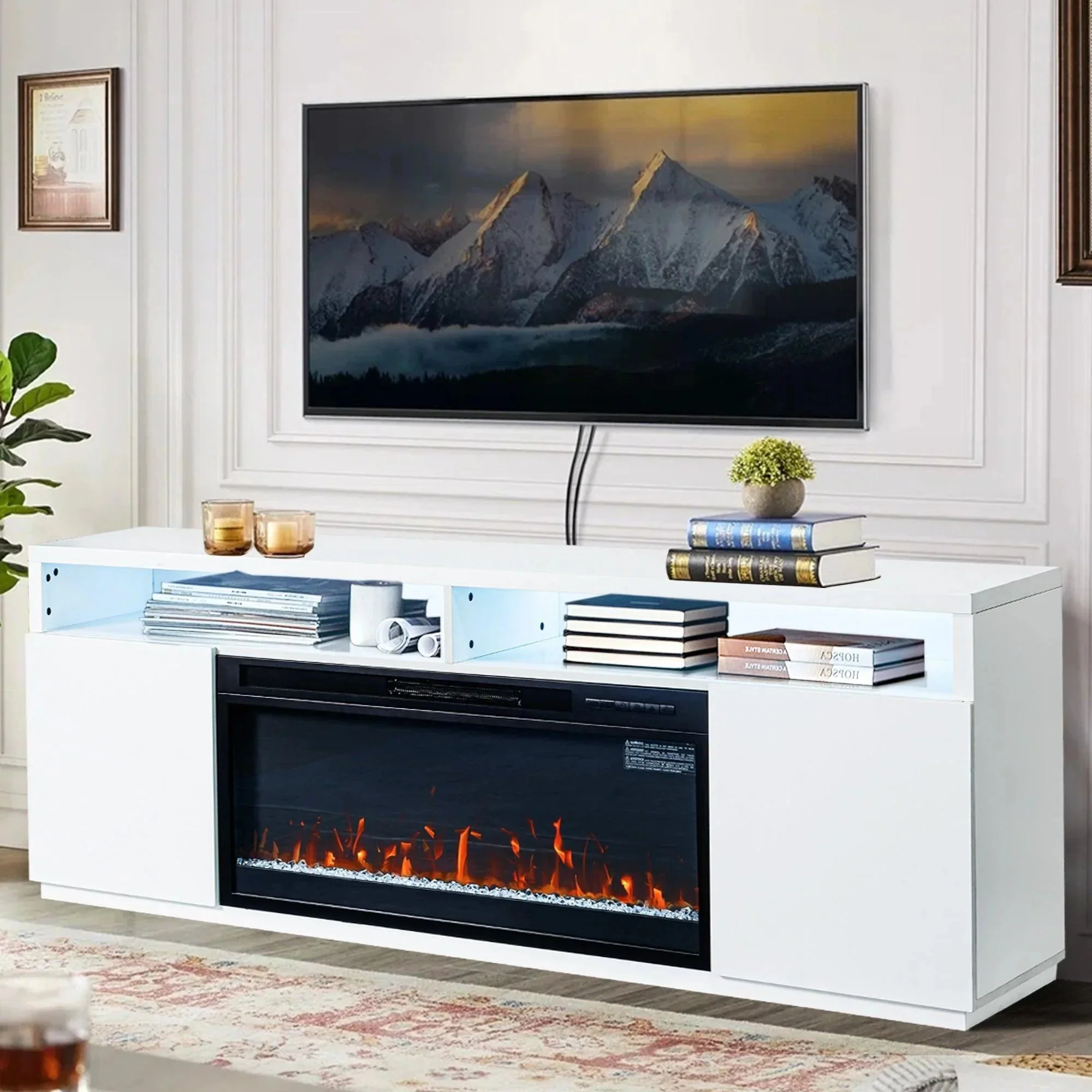Modern 68" LED TV Stand with 36" Insert Opening Electric Fireplace for Living Room in Black or White - Image 19