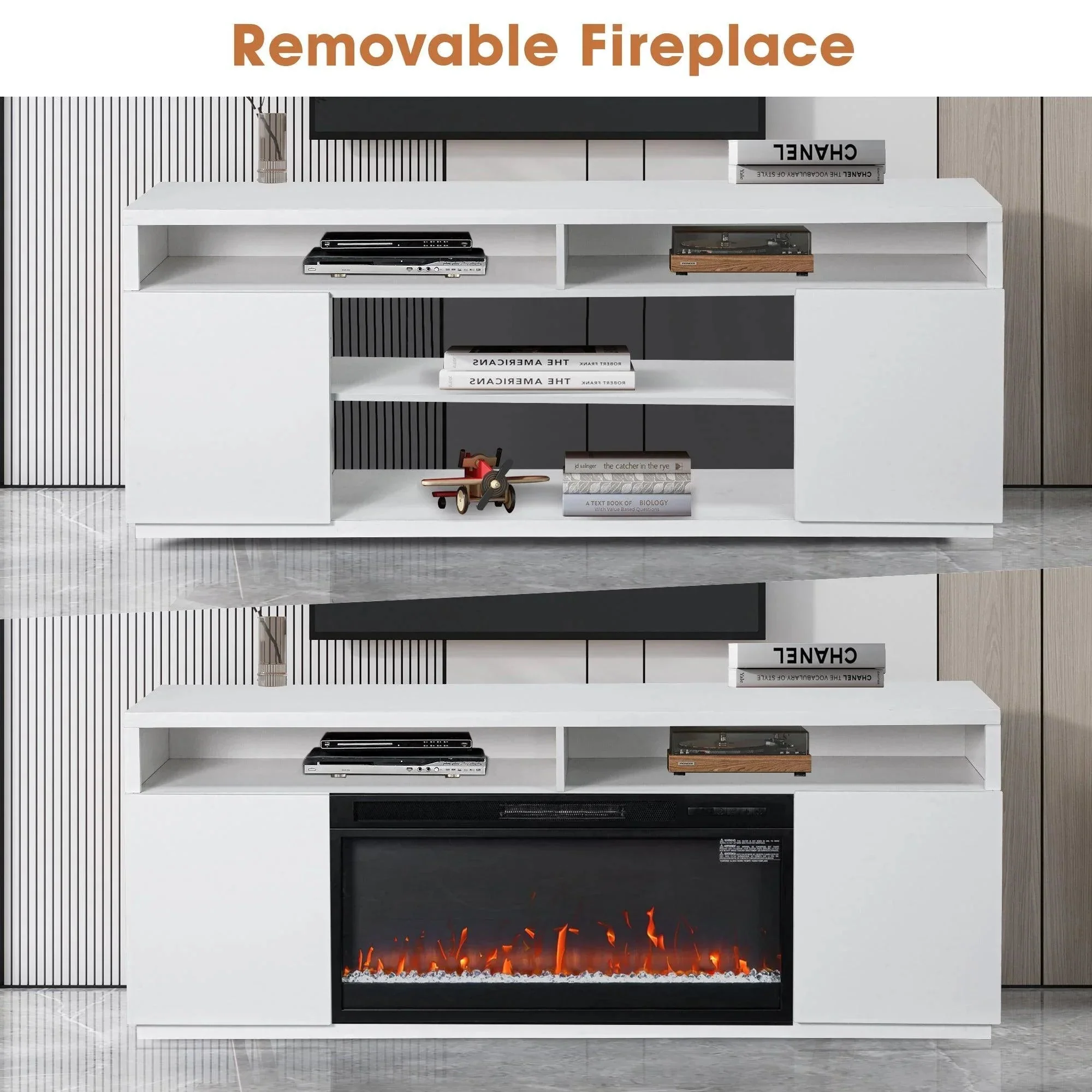 Modern 68" LED TV Stand with 36" Insert Opening Electric Fireplace for Living Room in Black or White - Image 20
