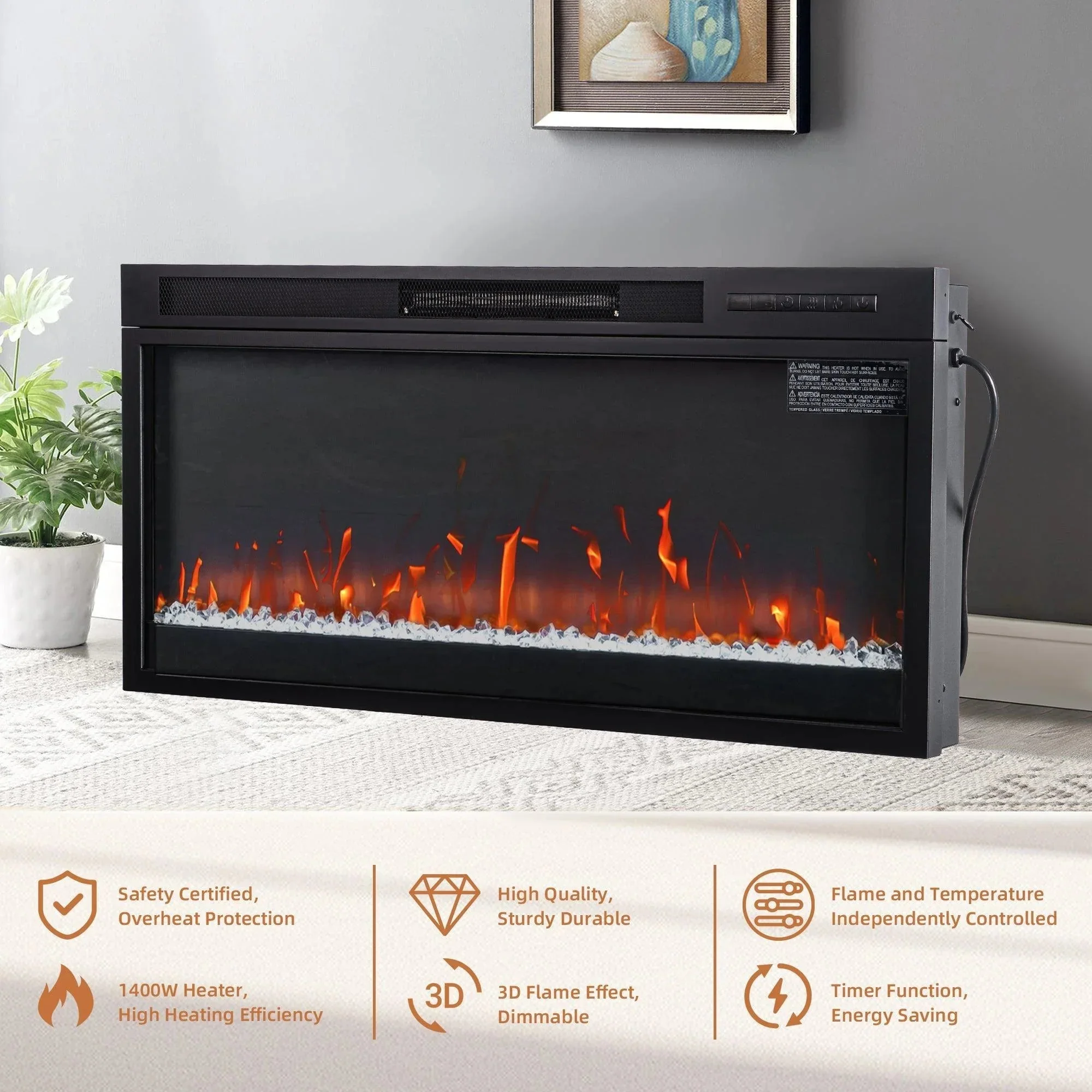 Modern 68" LED TV Stand with 36" Insert Opening Electric Fireplace for Living Room in Black or White - Image 21