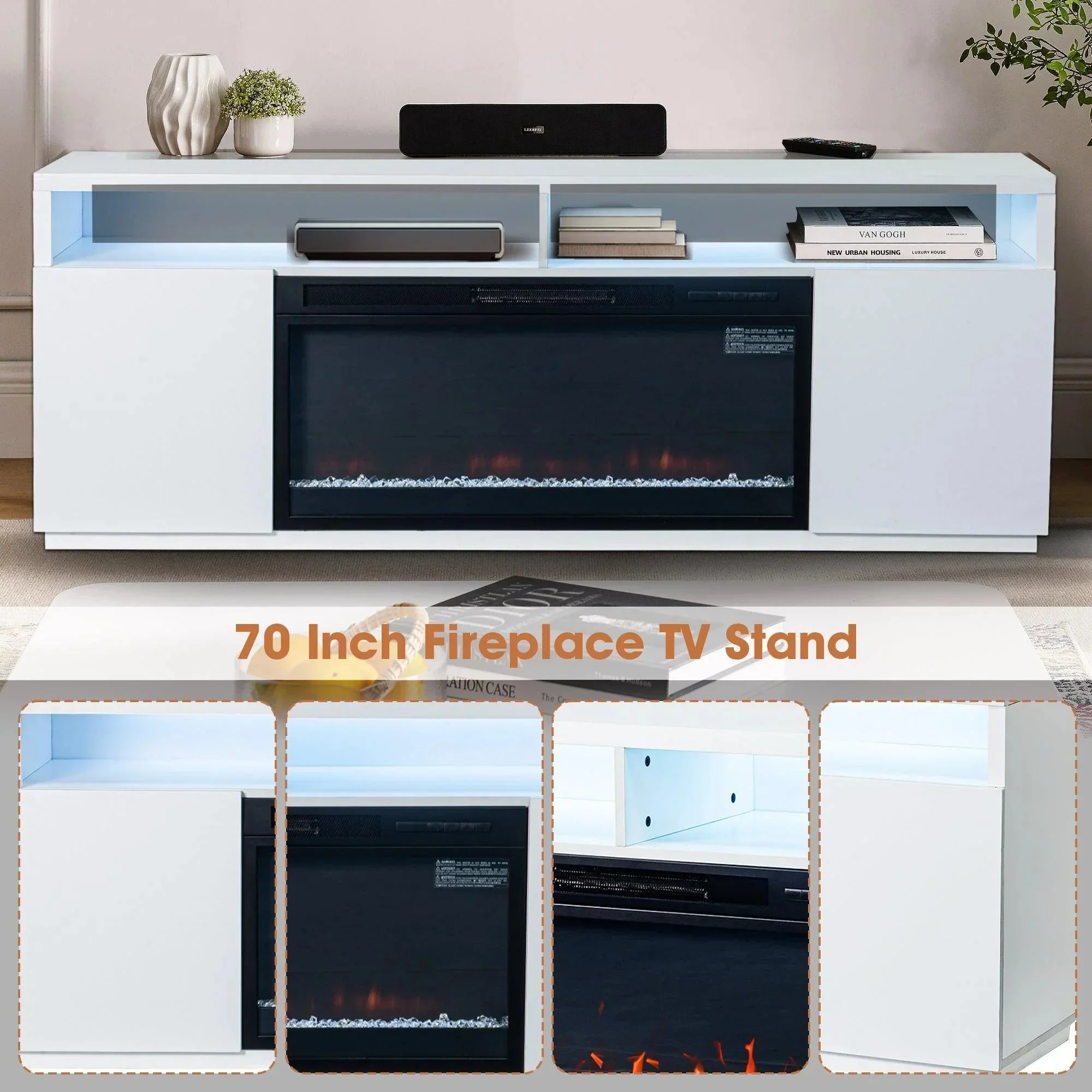 Modern 68" LED TV Stand with 36" Insert Opening Electric Fireplace for Living Room in Black or White - Image 22