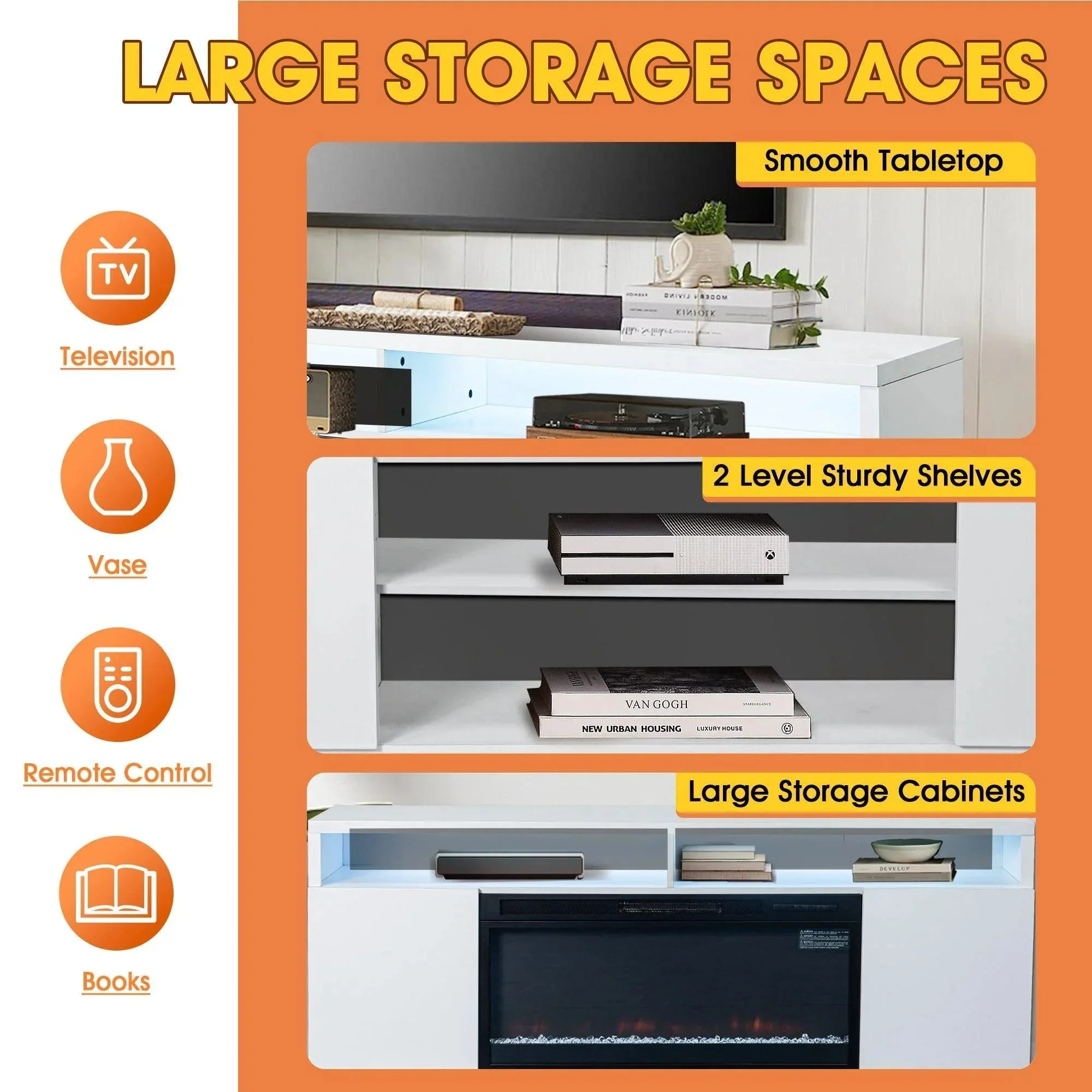 Modern 68" LED TV Stand with 36" Insert Opening Electric Fireplace for Living Room in Black or White - Image 23