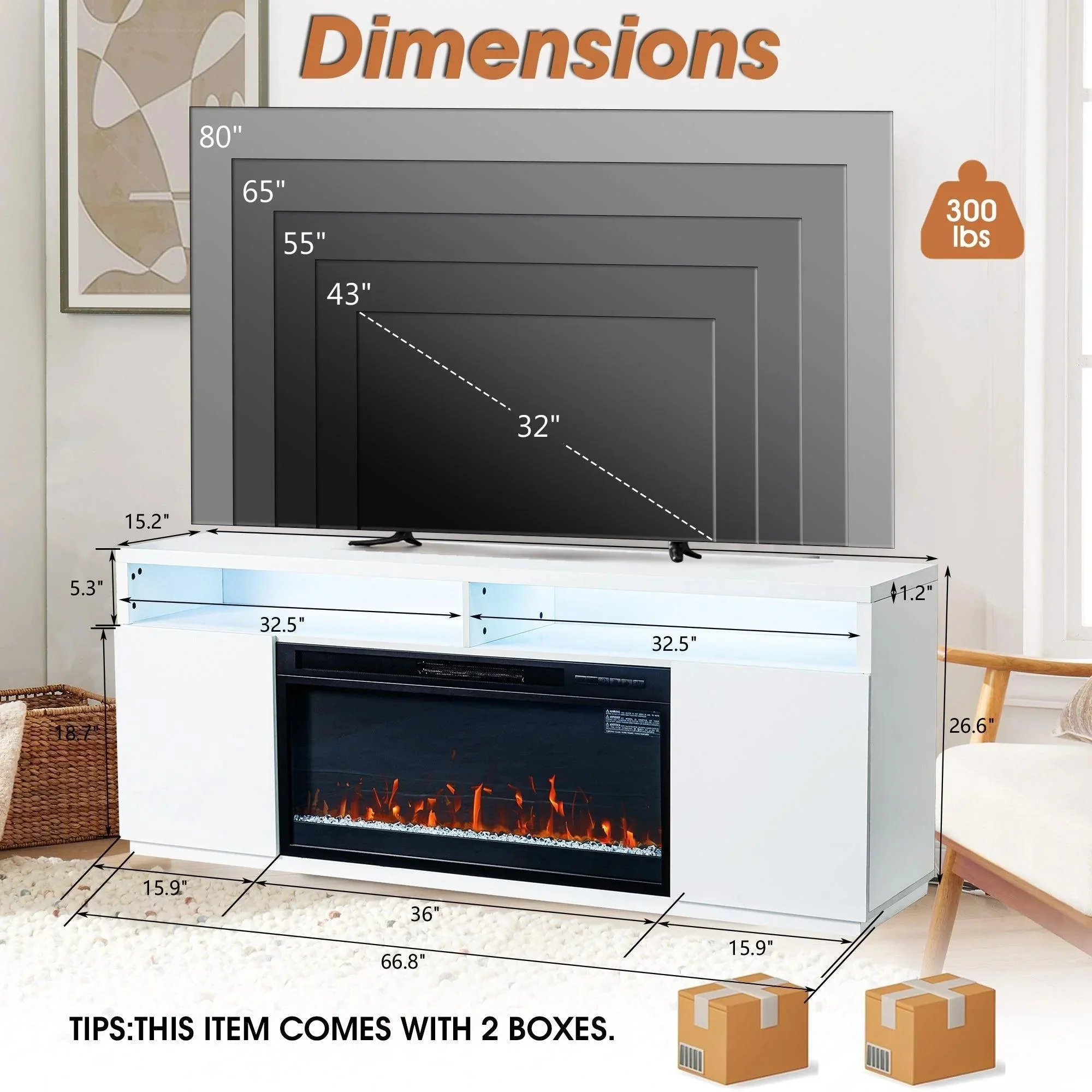 Modern 68" LED TV Stand with 36" Insert Opening Electric Fireplace for Living Room in Black or White - Image 24