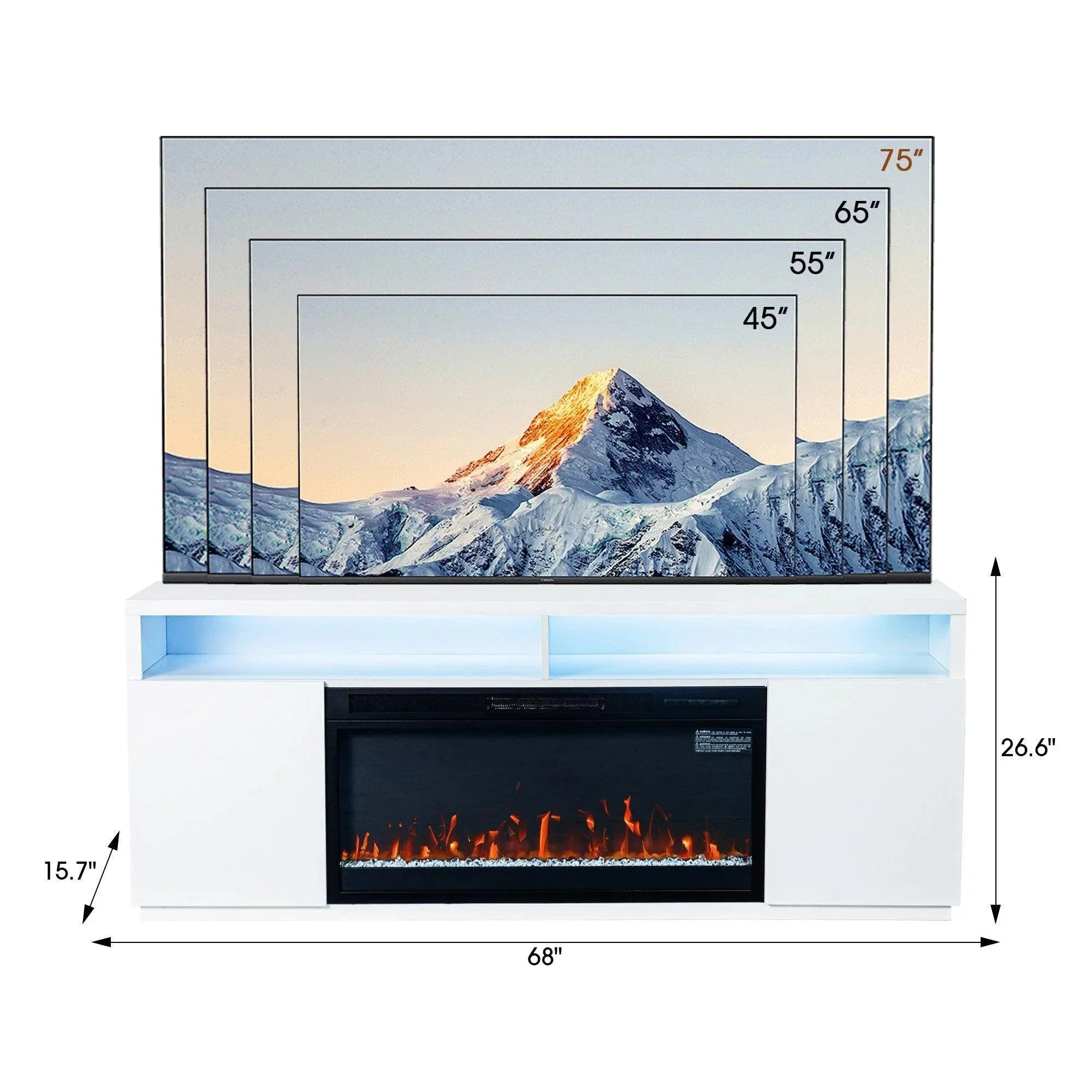 Modern 68" LED TV Stand with 36" Insert Opening Electric Fireplace for Living Room in Black or White - Image 29