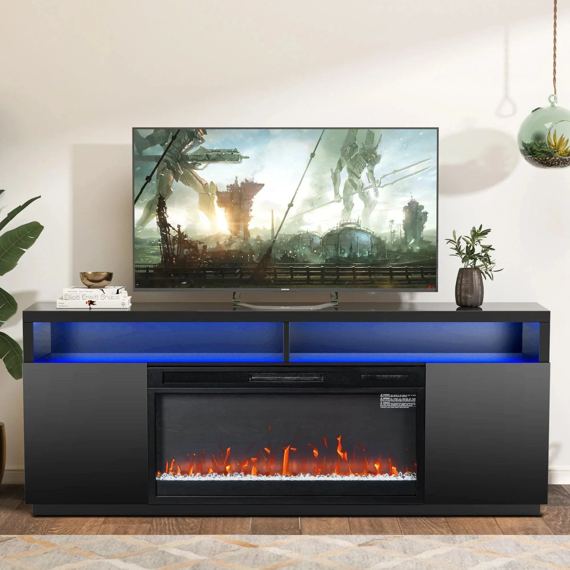 Modern 68" LED TV Stand with 36" Insert Opening Electric Fireplace for Living Room in Black or White - Image 4