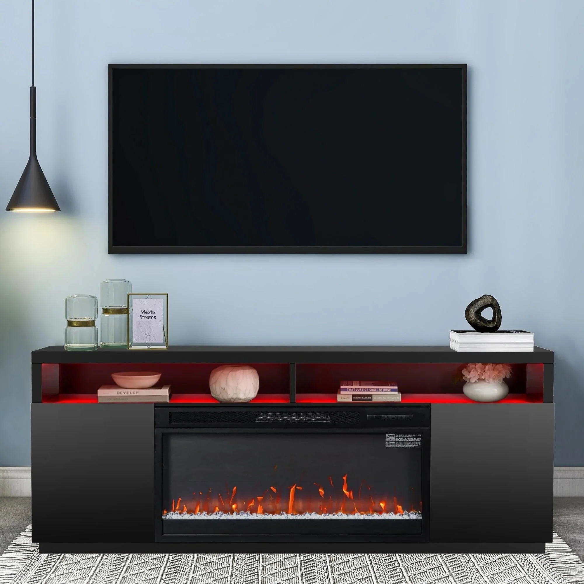 Modern 68" LED TV Stand with 36" Insert Opening Electric Fireplace for Living Room in Black or White - Image 5