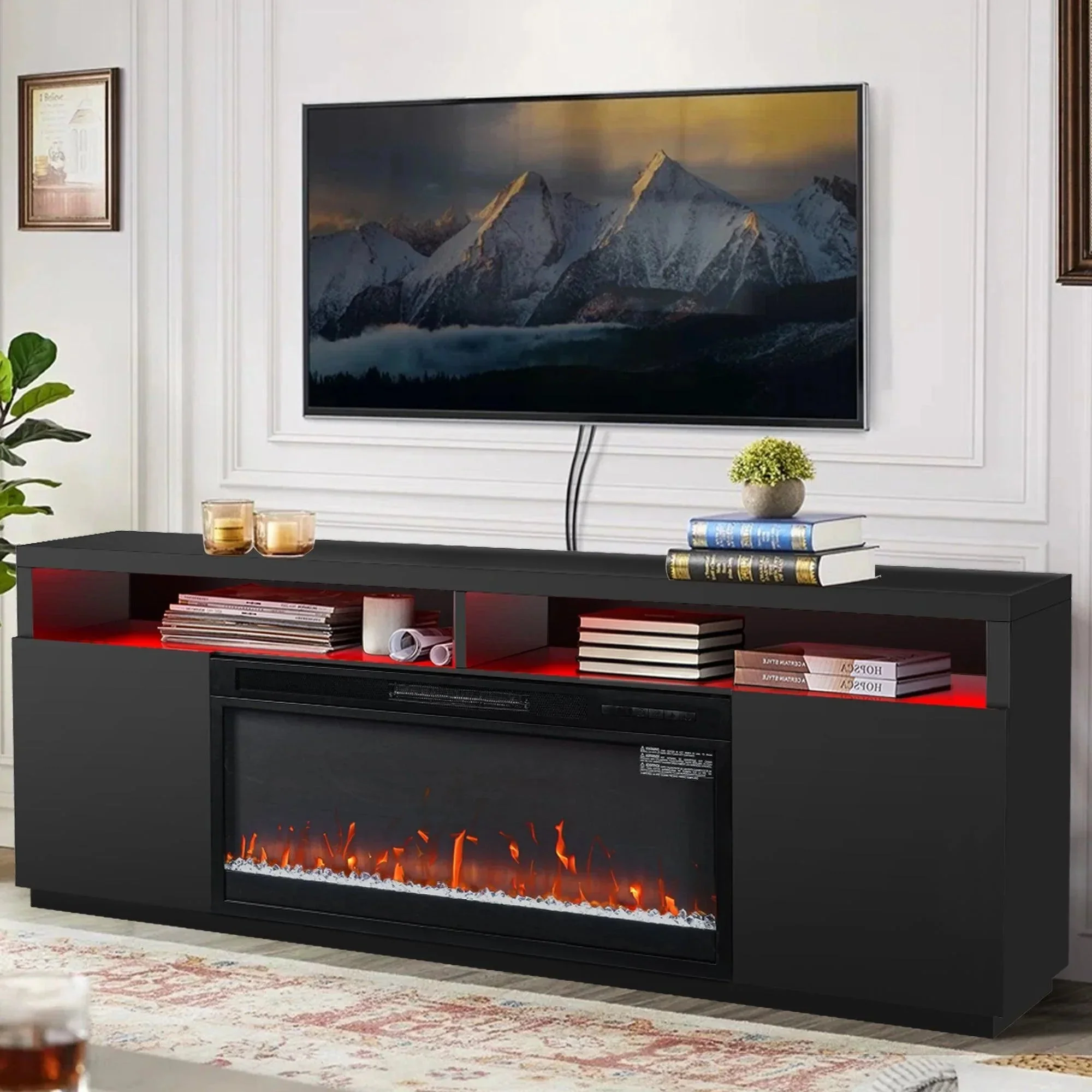Modern 68" LED TV Stand with 36" Insert Opening Electric Fireplace for Living Room in Black or White - Image 6