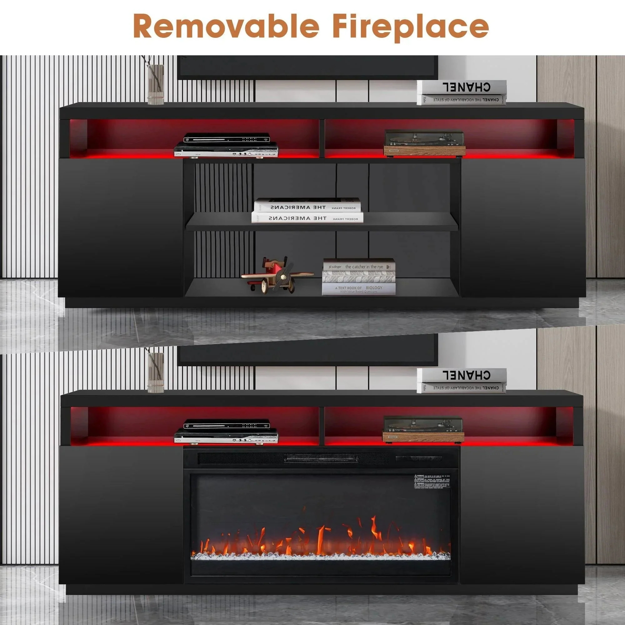 Modern 68" LED TV Stand with 36" Insert Opening Electric Fireplace for Living Room in Black or White - Image 7