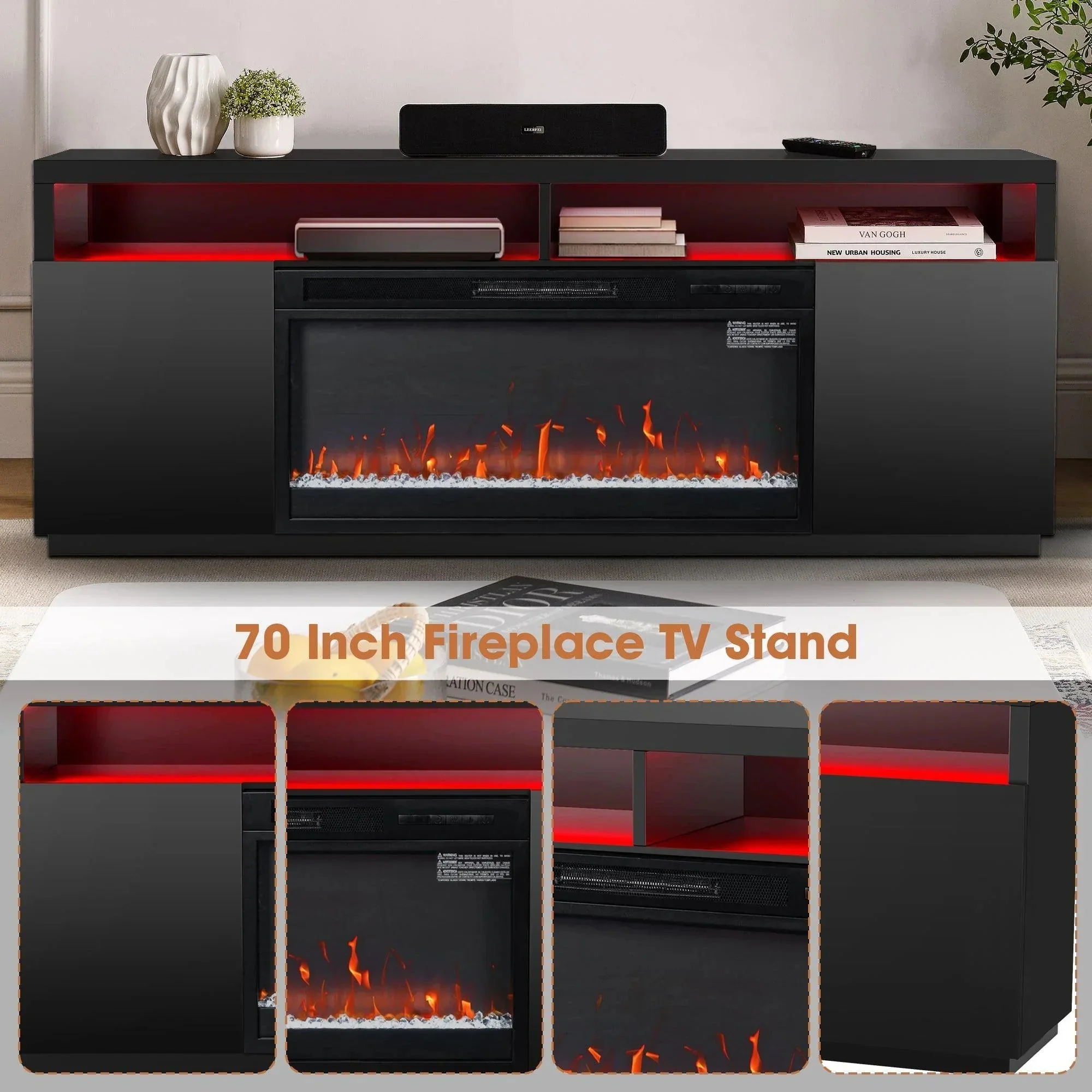 Modern 68" LED TV Stand with 36" Insert Opening Electric Fireplace for Living Room in Black or White - Image 9