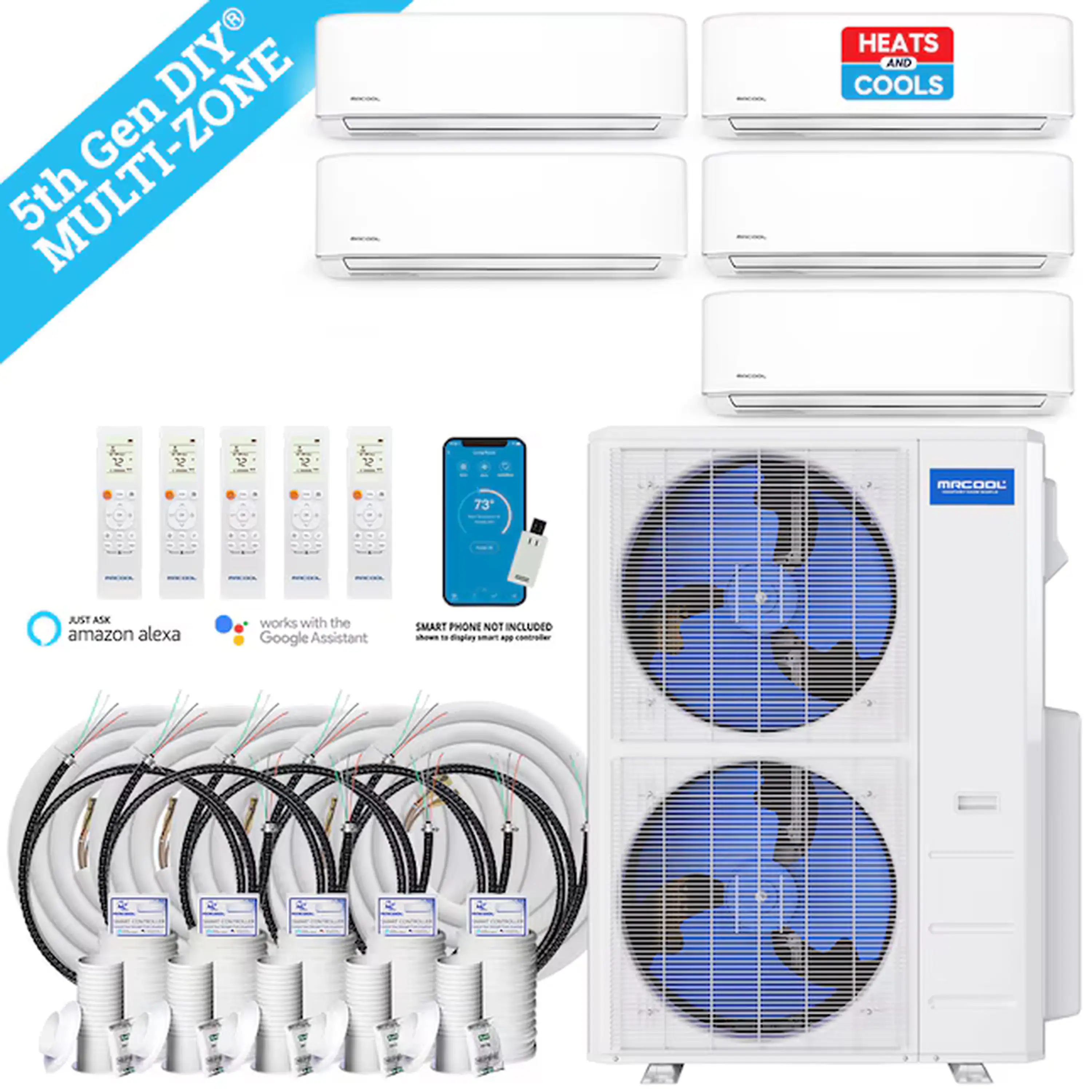 MRCOOL DIY 5th Gen 48,000 BTU 5-Zone Ductless Mini Split Air Conditioner and Heat Pump with 6K+9K+9K+9K+9K BTU Wall Mount Indoor Units - Image 2