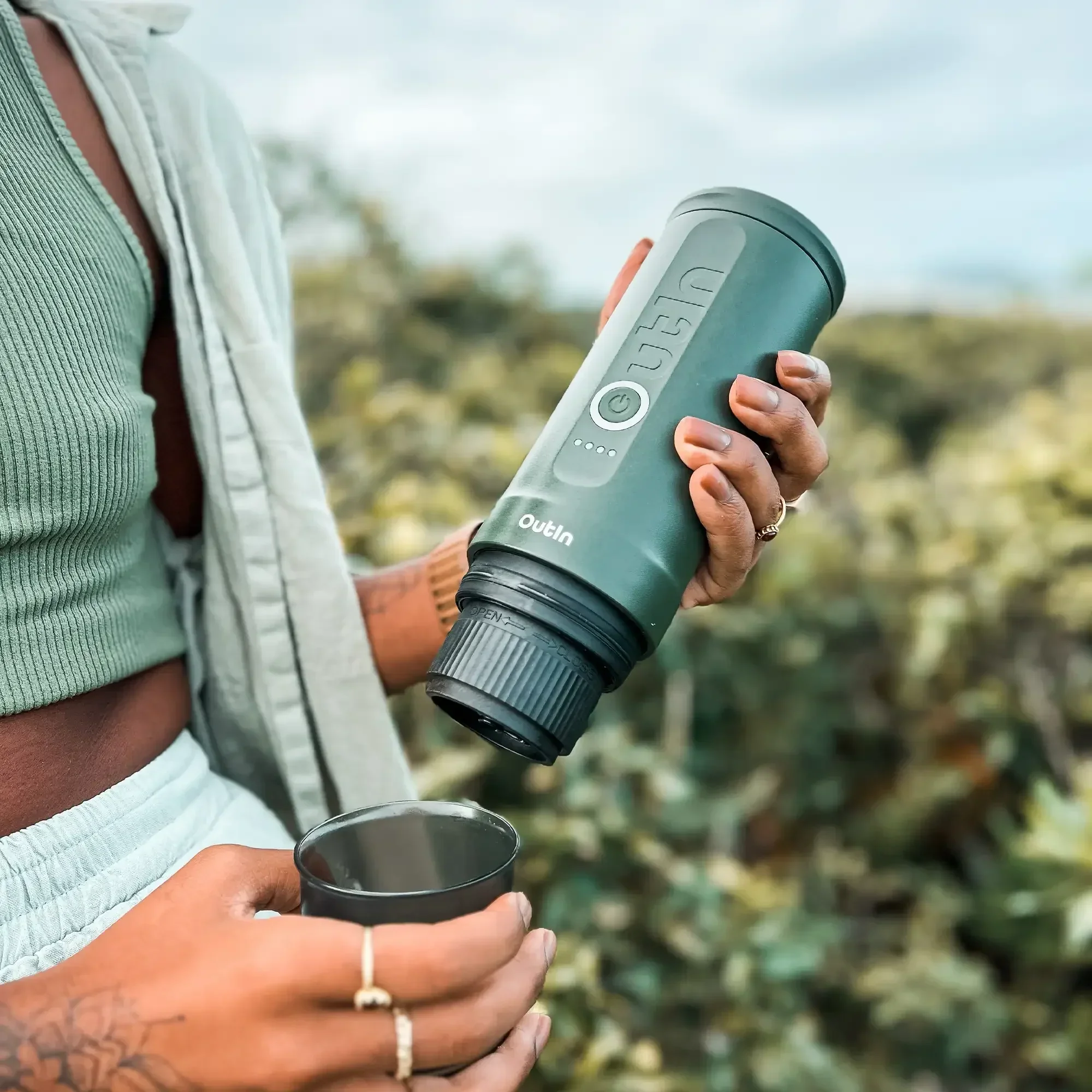 OutIn Nano Portable Electric Espresso Machine in Forest Green, Travel Coffee Maker for Camping, Car Coffee Maker Self-Heating with USB-C, With Ground Coffee & NS Capsule for RV, Hiking, Office (OTEM-01-FG) - Image 8