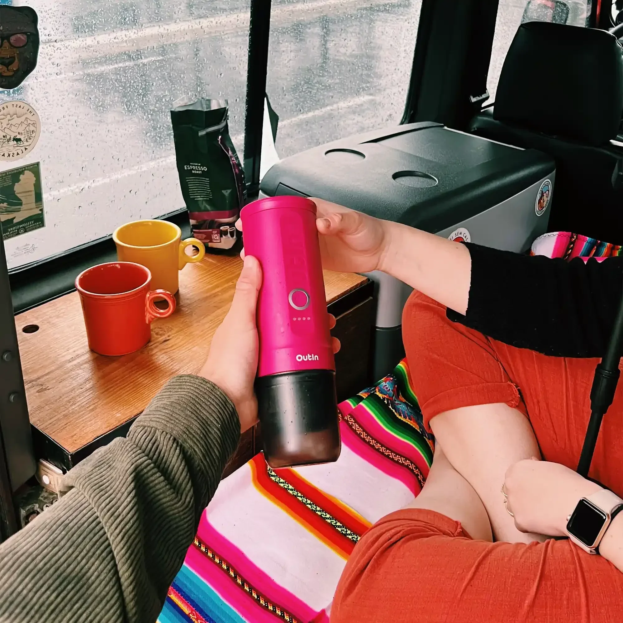 OutIn Nano Portable Electric Espresso Machine in Fuchsia Pink, Travel Coffee Maker for Camping, Car Coffee Maker Self-Heating with USB-C, With Ground Coffee & NS Capsule for RV, Hiking, Office (OTEM-01-CR) - Image 8