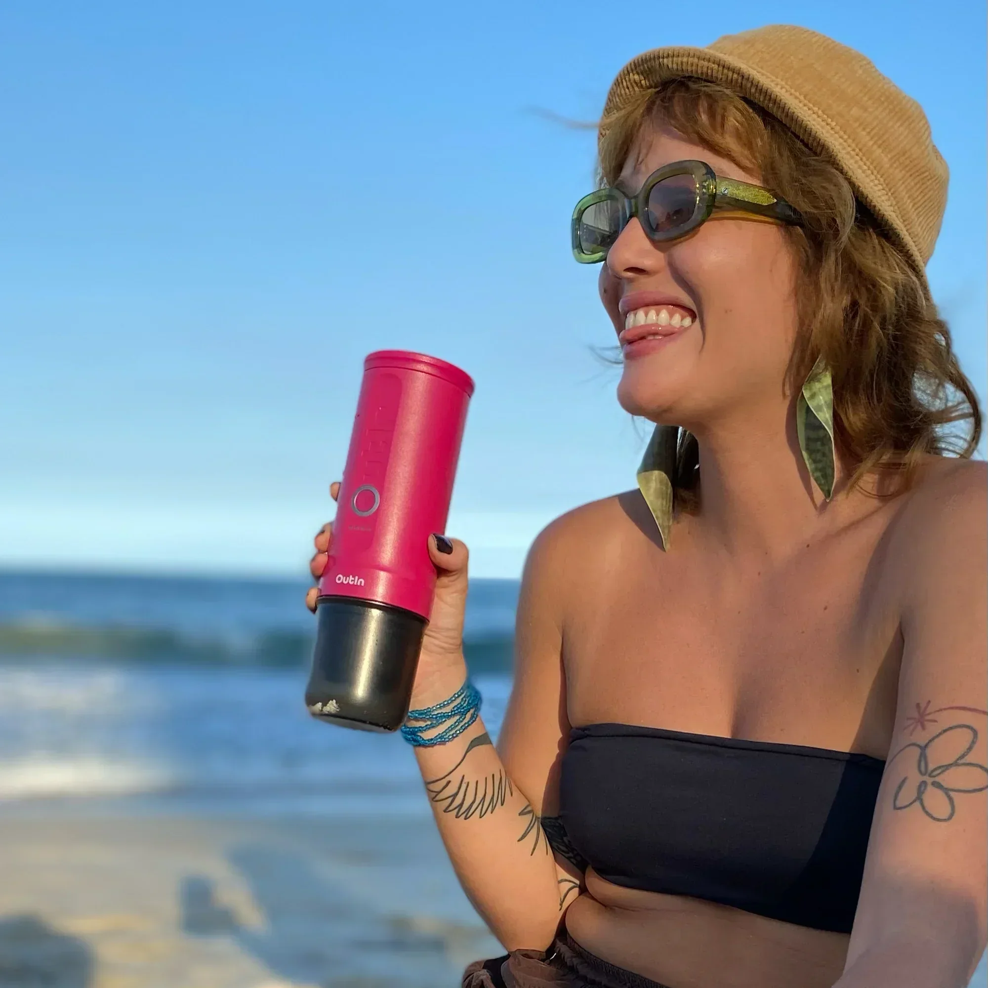 OutIn Nano Portable Electric Espresso Machine in Fuchsia Pink, Travel Coffee Maker for Camping, Car Coffee Maker Self-Heating with USB-C, With Ground Coffee & NS Capsule for RV, Hiking, Office (OTEM-01-CR) - Image 9