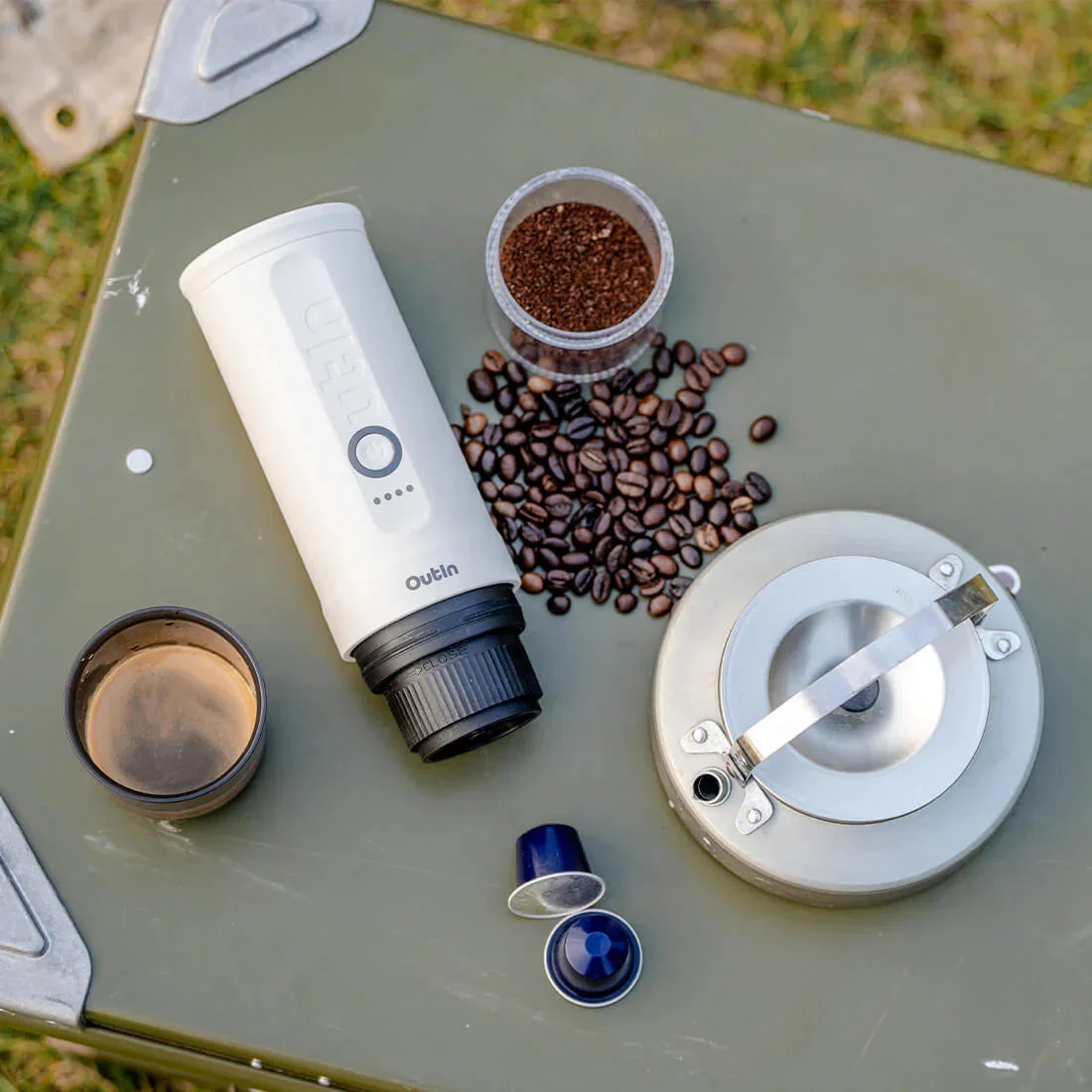 OutIn Nano Portable Electric Espresso Machine in Pearl White, Travel Coffee Maker for Camping, Car Coffee Maker Self-Heating with USB-C, With Ground Coffee & NS Capsule for RV, Hiking, Office (OTEM-01-PW) - Image 6