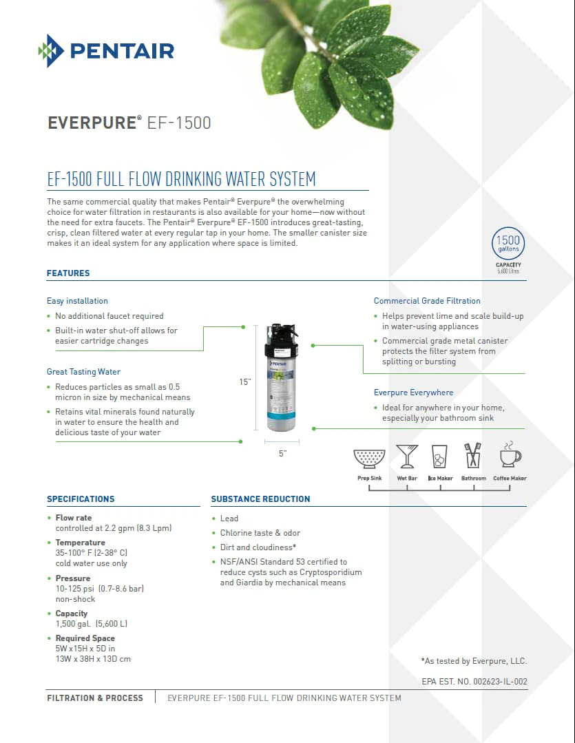 Pentair Everpure EF-1500 Full Flow Drinking Water System, EV985800, includes Filter Head, Filter Cartridge, All Hardware and Connectors, 1,500 Gallon Capacity, 0.5 Micron - Image 4