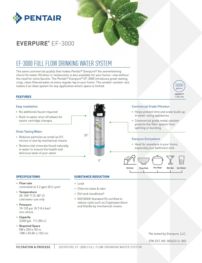 Pentair Everpure EF-3000 Quick-Change Filter Cartridge, EV985750, For Use in Everpure EF-3000 Full Flow Drinking Water System, 3,000 Gallon Capacity, 0.5 Micron - Image 4