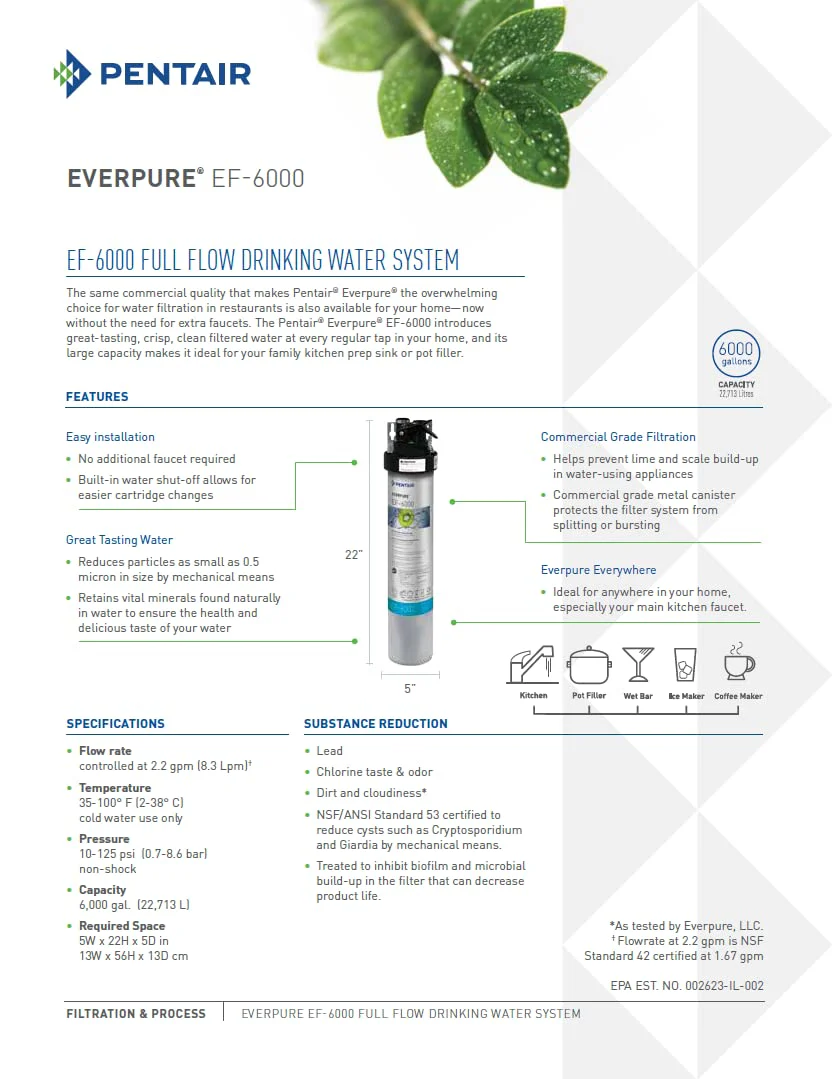 Pentair Everpure EF-6000 Full Flow Drinking Water System, Includes Filter Head, Filter Cartridge, All Hardware and Connectors, 6,000 Gallon Capacity, 0.5 Micron (EV985500) - Image 4