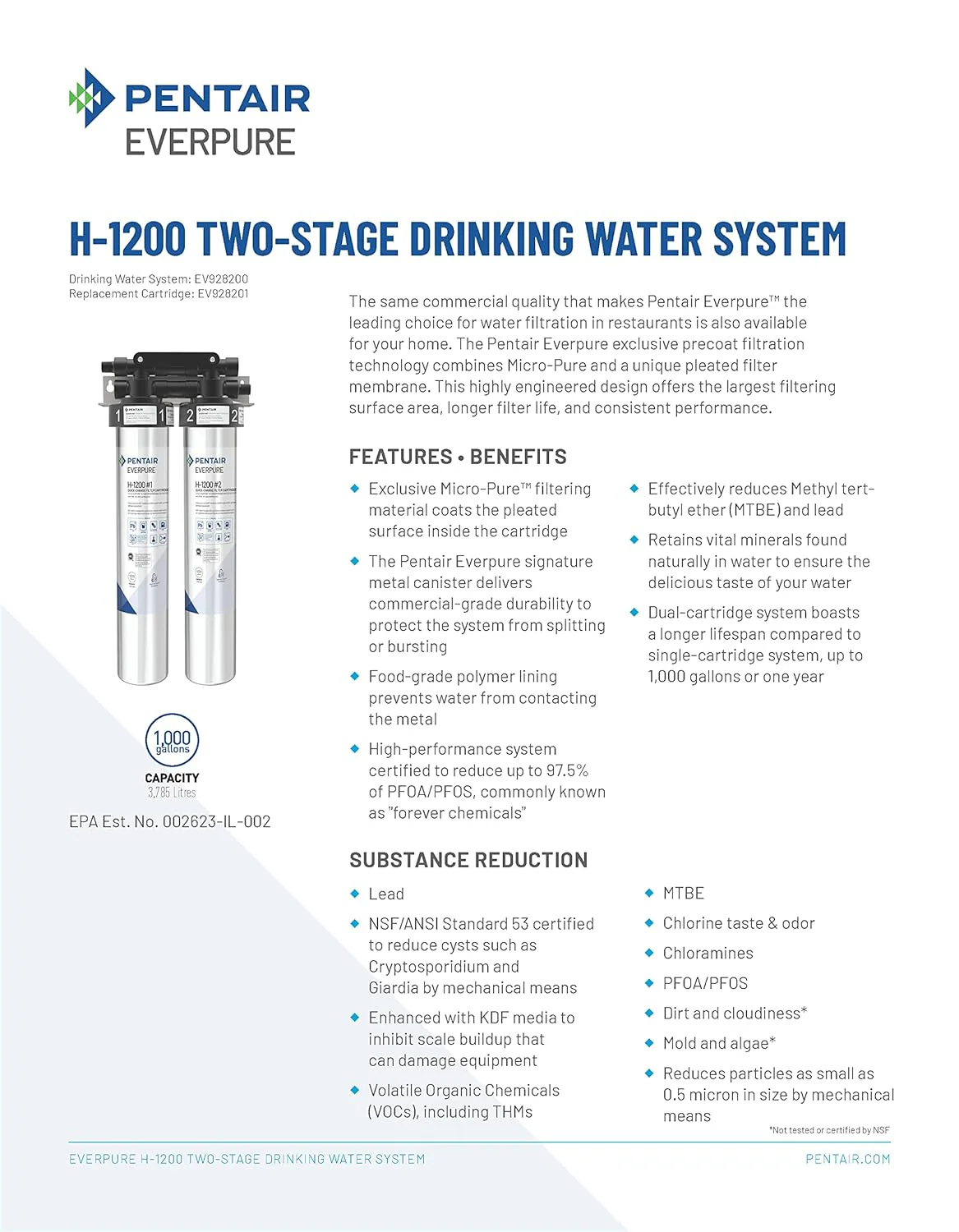 Pentair Everpure H-1200 Drinking Water System, NSF Certified to Reduce PFOA/PFOS, Dual Cartridge System Includes Filter Head, Cartridges and all Hardware, 1,000 Gallon Capacity, 0.5 Micron (EV928200) - Image 7
