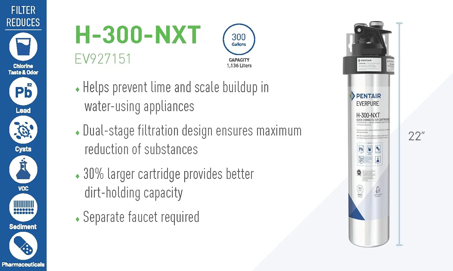 Pentair Everpure H-300-NXT Quick-Change Filter Cartridge, For Use in Everpure H-300 Drinking Water Systems, 300 Gallon Capacity, 0.5 Micron (EV927441) - Image 4