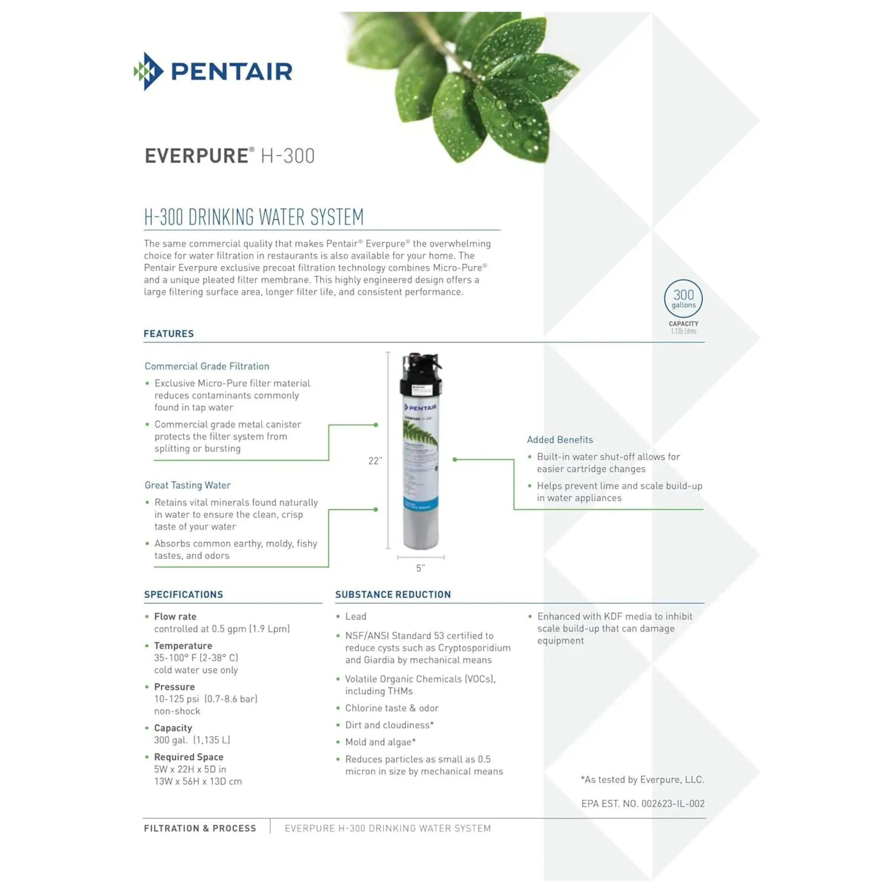 Everpure Pentair H-300 Quick-Change Filter Cartridge, EV927072, For Use in Everpure H-300 Drinking Water Systems, 300 Gallon Capacity, 0.5 Micron - Image 5