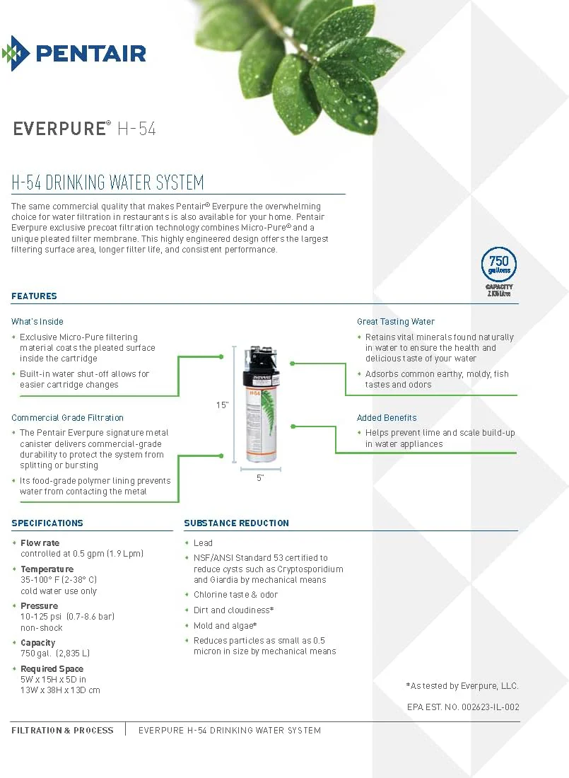 Pentair Everpure H-54 Drinking Water System, Includes Filter Head, Filter Cartridge, All Hardware and Connectors, 750 Gallon Capacity, 0.5 Micron (EV925267) - Image 6